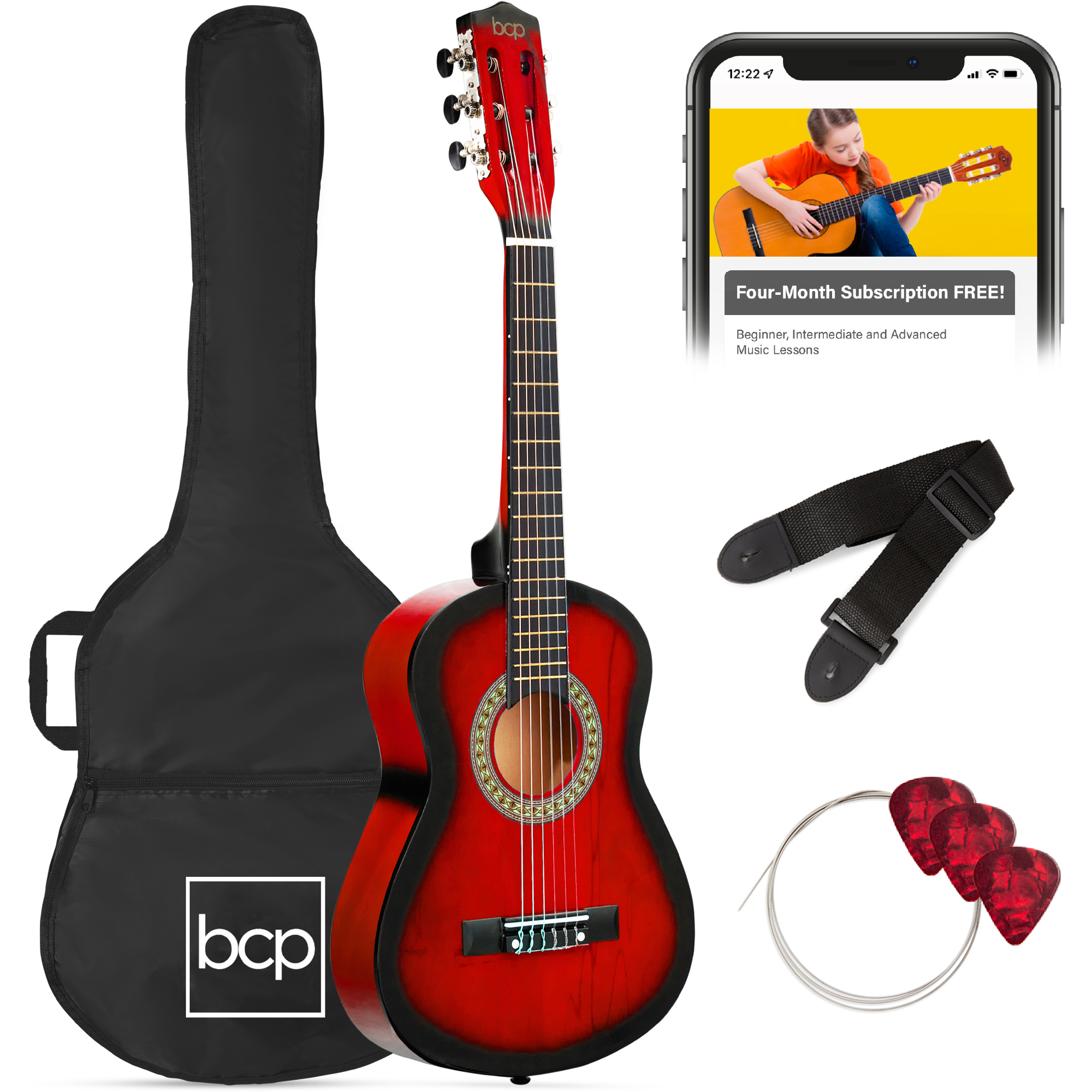 30in Kids Classical Acoustic Guitar Beginners Set w/ Carry Bag, Picks, E-Tuner, Strap - Redburst - Best Choice Products Online