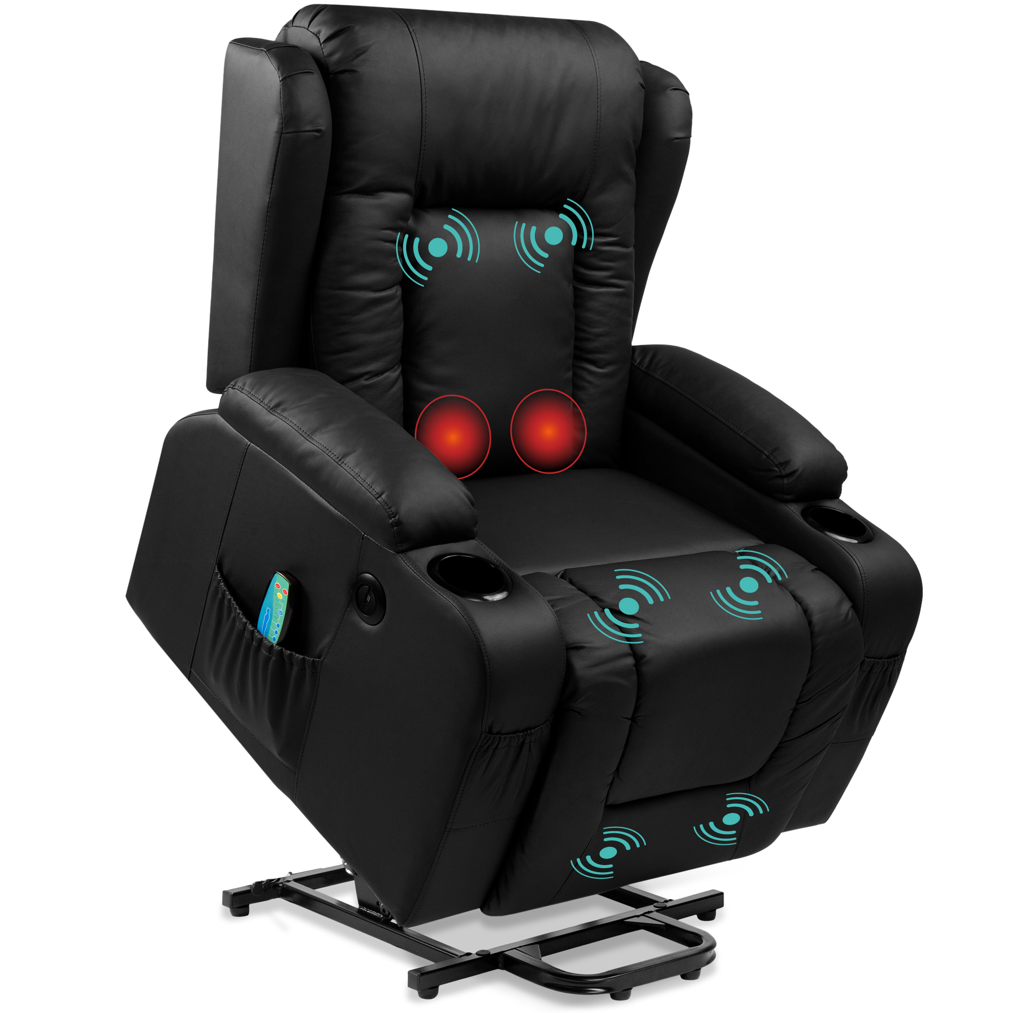 Power Lift Recliner Massage Chair Furniture w/ USB Port, Heat, Cupholders - Black - Best Choice Products Online