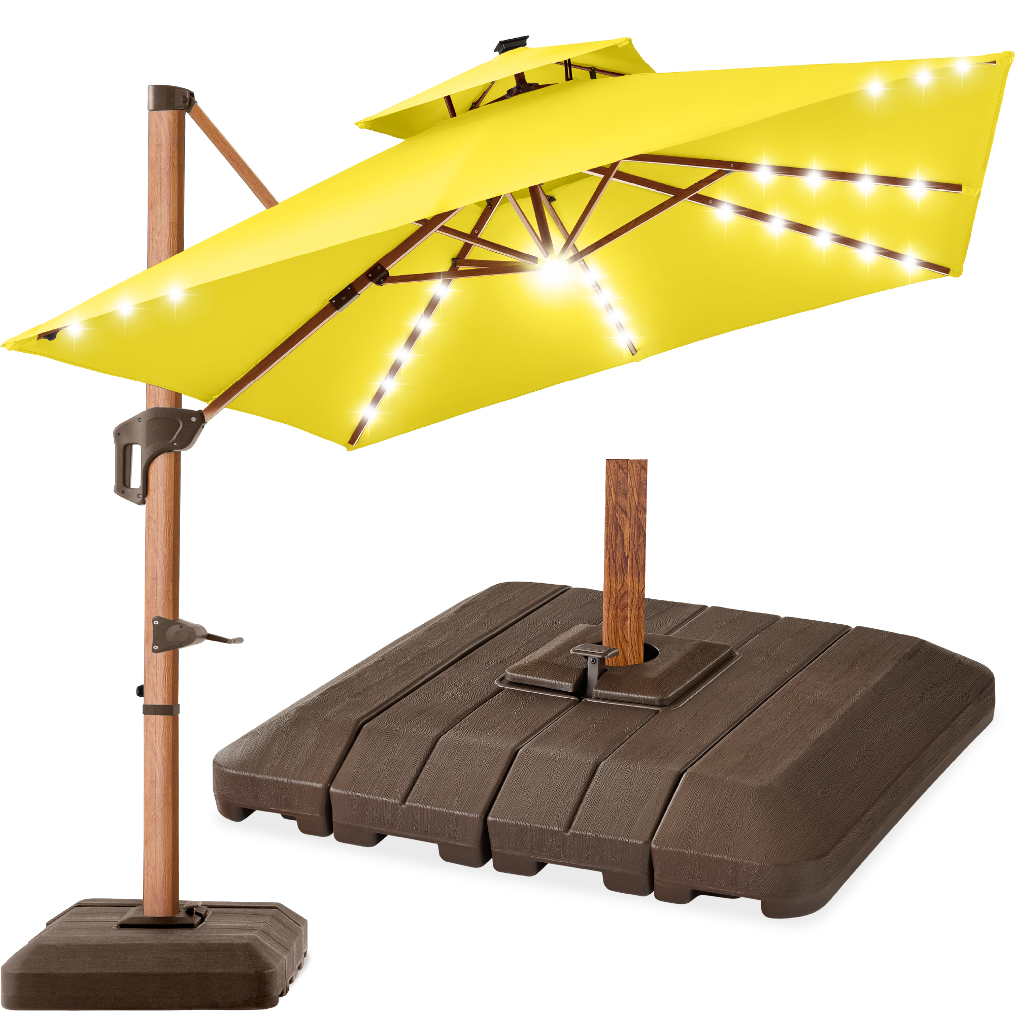 10ft Square Woodgrain Pattern 2-Tier Outdoor Solar LED Cantilever Umbrella w/ Base - Yellow - Best Choice Products Online