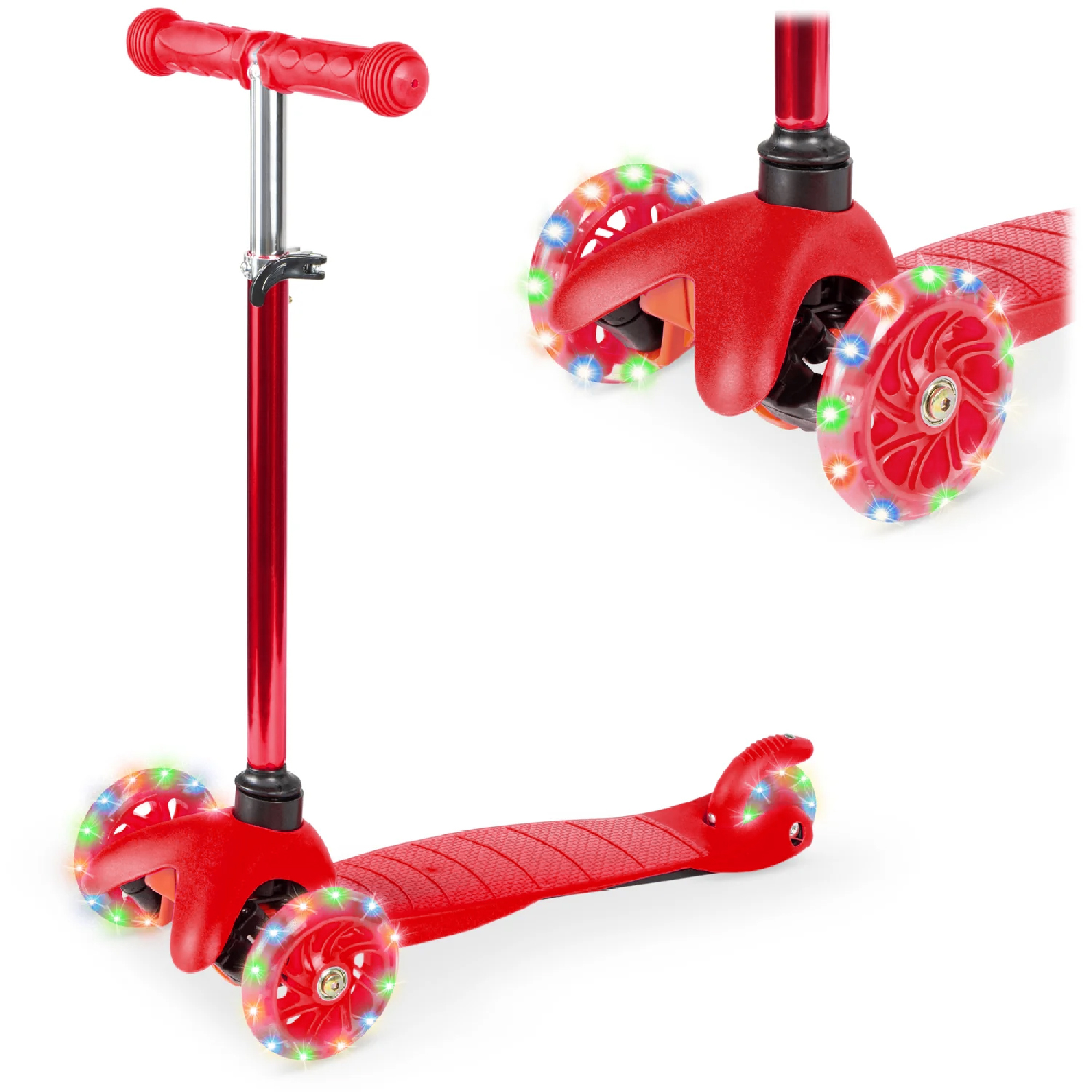 Mini Kick Scooter Toy For Kids w/ Light-Up Wheels & Height Adjustable T-Bar - Red - Best Choice Products Online