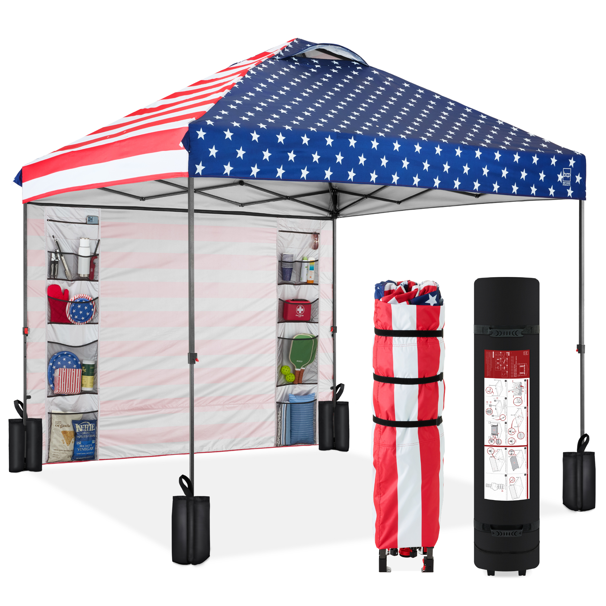 10x10ft Easy Setup Pop Up Canopy, Portable Tent w/ Side Wall, 1-Button Push, Case - American Flag - Best Choice Products Online