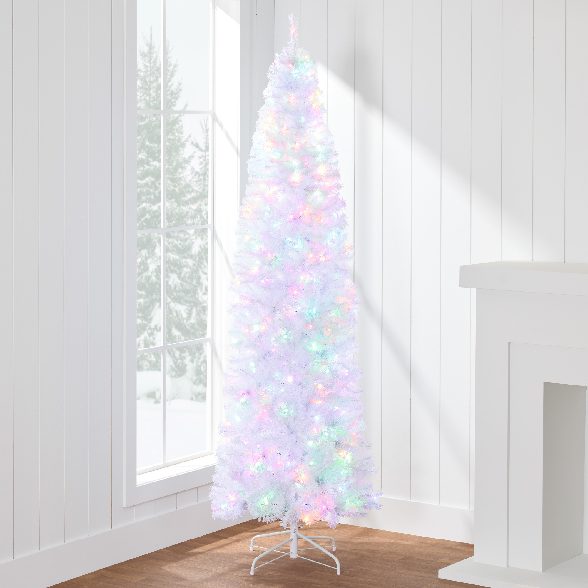 12ft Pre-Lit White Pencil Christmas Tree w/ Foldable Base, 900 2-in-1 Multicolor Lights - Best Choice Products Online