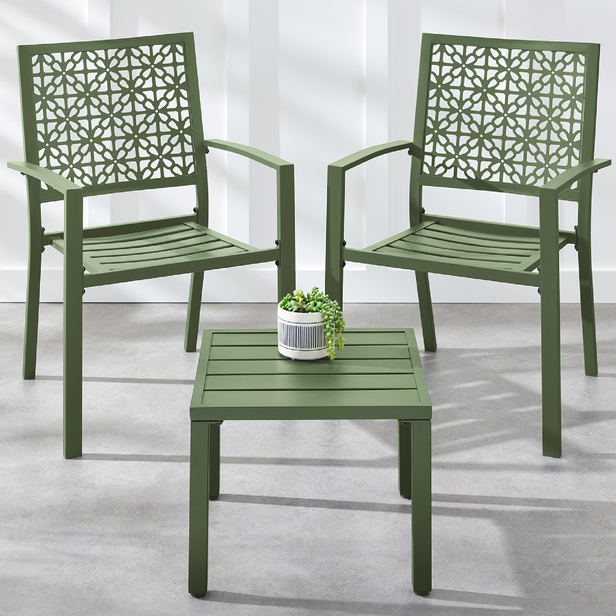3-Piece Stackable Steel Outdoor Conversation Bistro Set, Patio Chat Furniture w/ 2 Chairs, Table - Sage Green - Best Choice Products Online