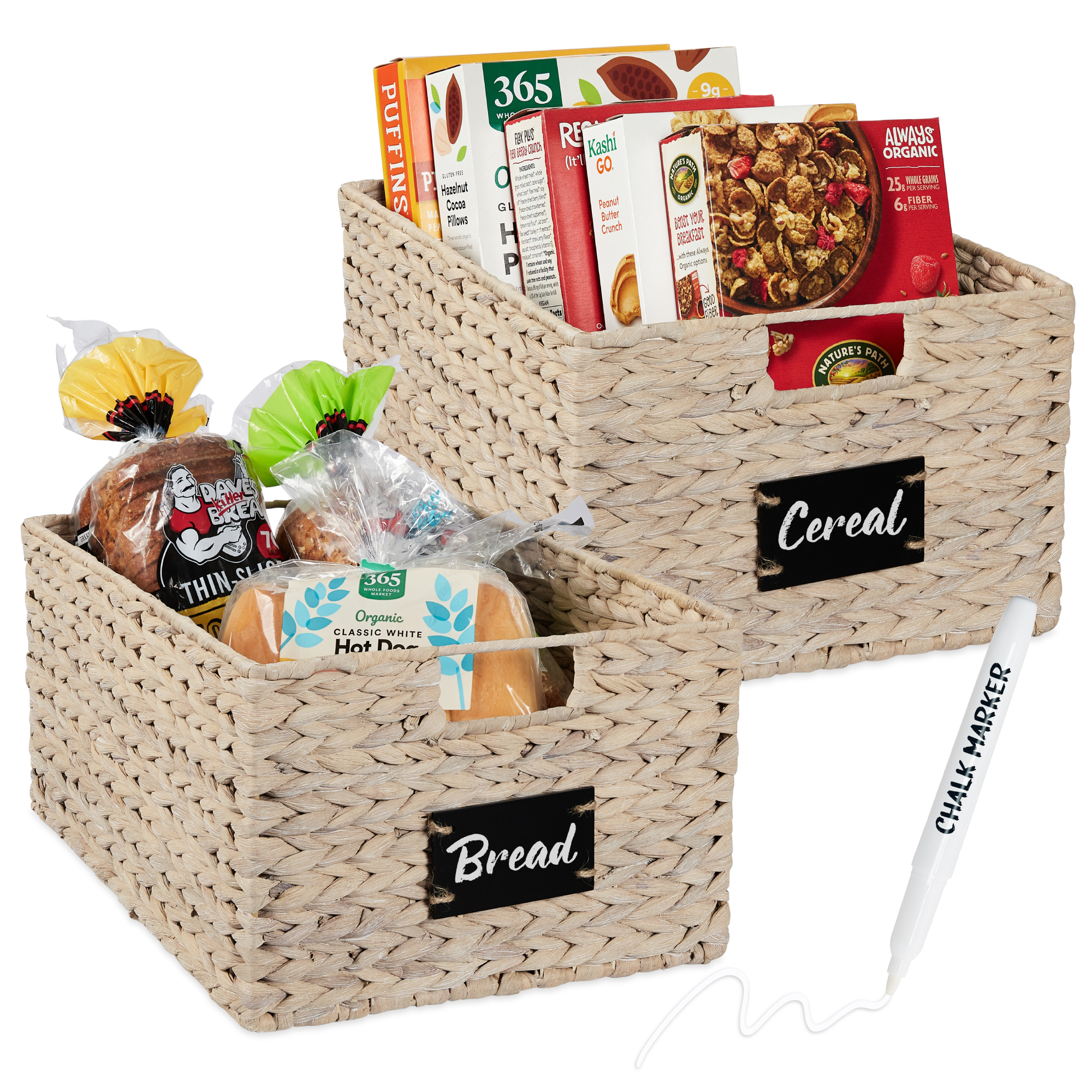 2-Set 16in Woven Water Hyacinth Pantry Baskets w/ Chalkboard Label, Chalk Marker - White - Best Choice Products Online