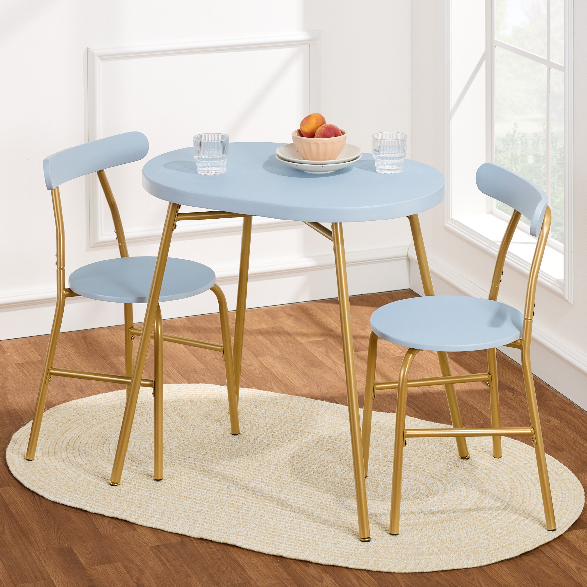 3-Piece Modern Oval Dining Table Set, Small Kitchen Dinette w/ 2 Chairs - Light Blue/Gold - Best Choice Products Online