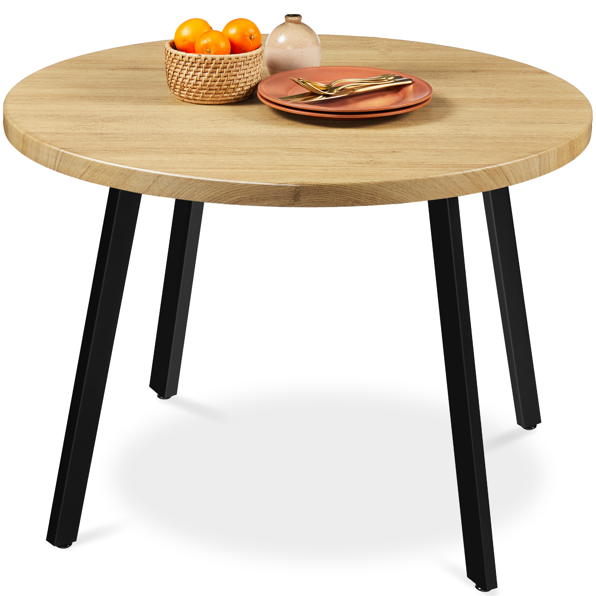 35.5in Mid-Century Modern Round Dining Table w/ Steel Legs, Adjustable Feet - Natural - Best Choice Products Online