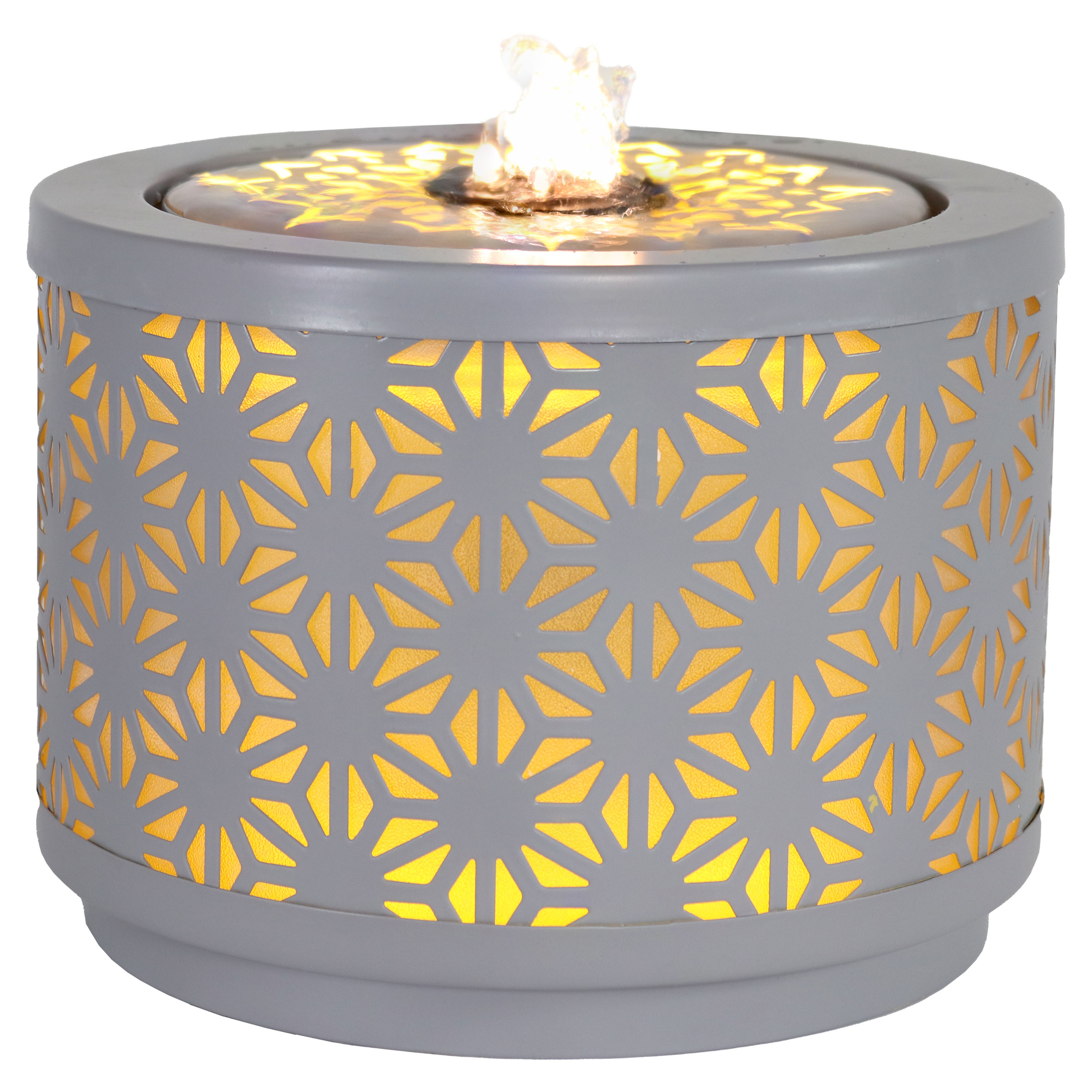 Geometric Flower Cutout Indoor Cylinder Tabletop Fountain with LED Light