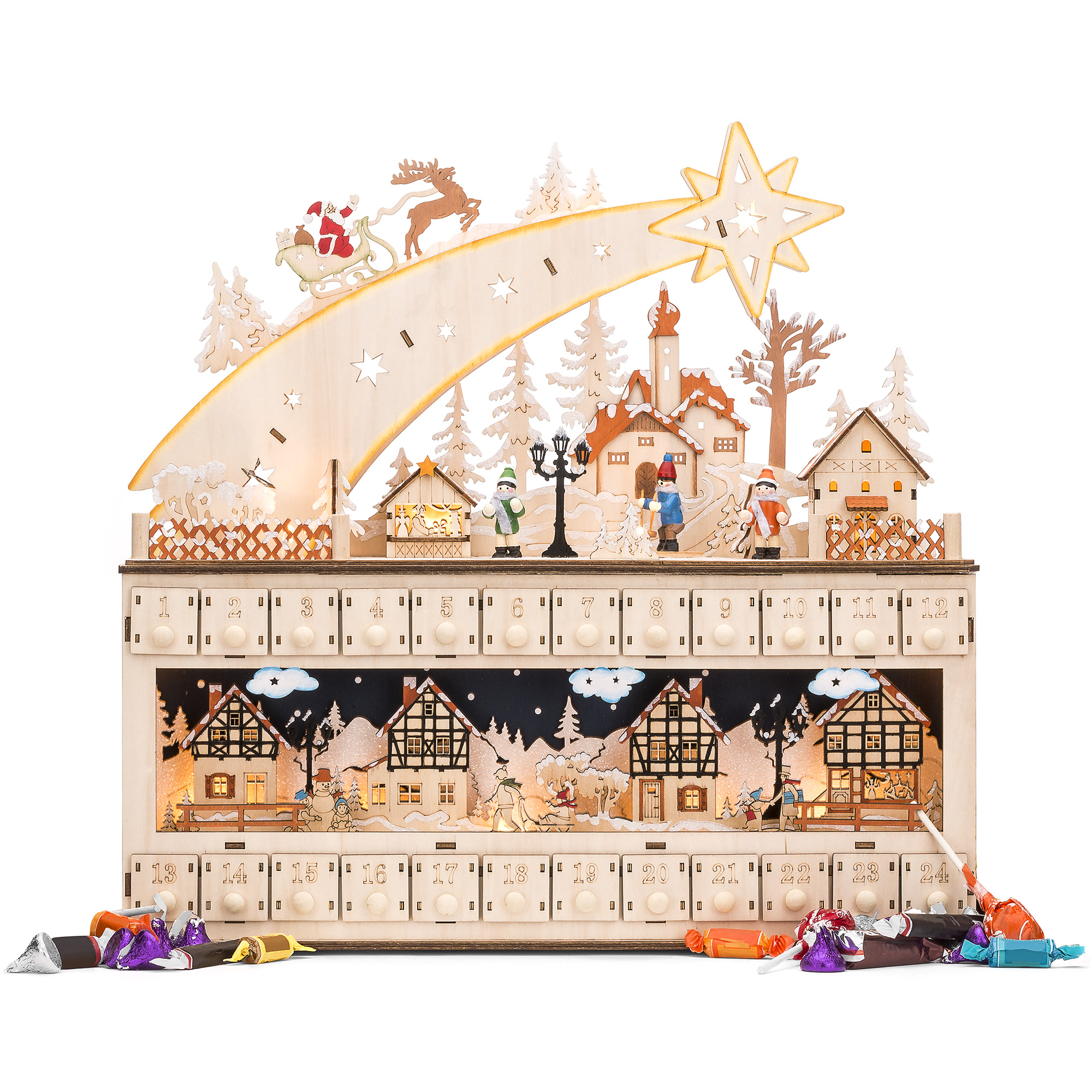 Advent Calendars - Wooden Christmas Shooting Star Advent Calendar, w/ LED Light Background - Beige