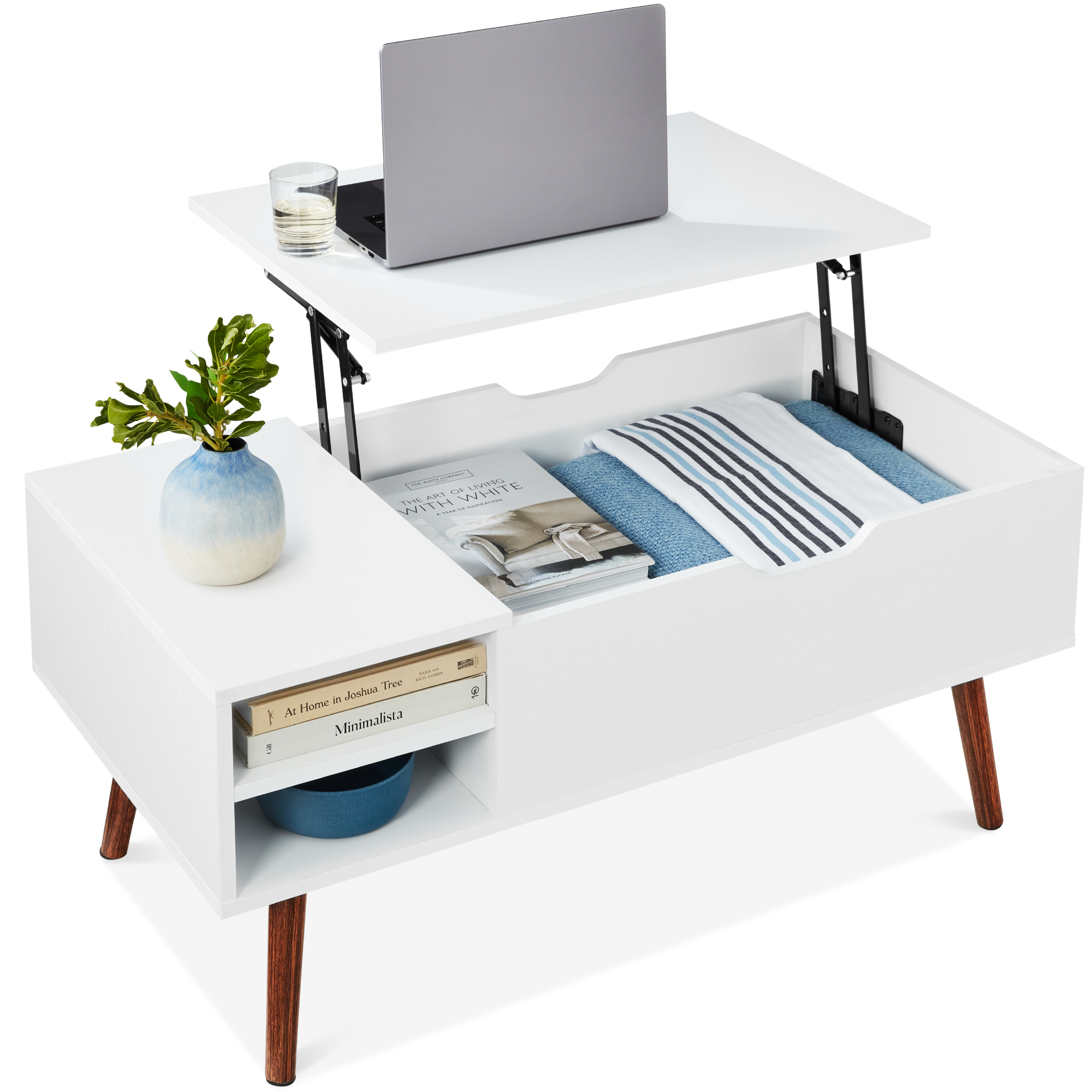 Wooden Mid-Century Modern Lift Top Coffee Table w/ Hidden Storage, Removable Shelf - White/Brown - Best Choice Products Online