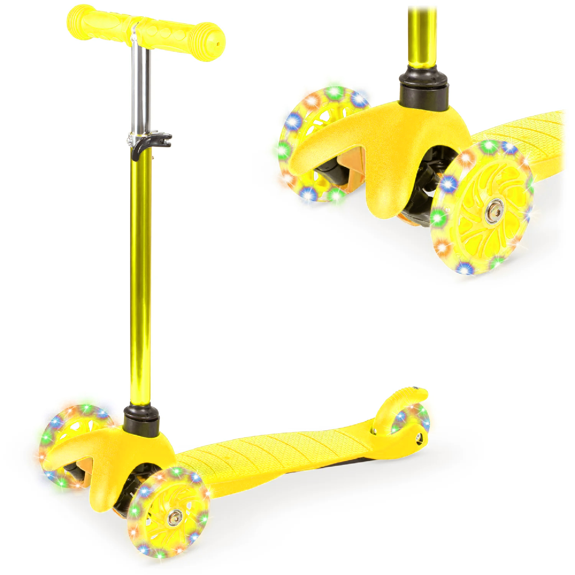 Mini Kick Scooter Toy For Kids w/ Light-Up Wheels & Height Adjustable T-Bar - Yellow - Best Choice Products Online