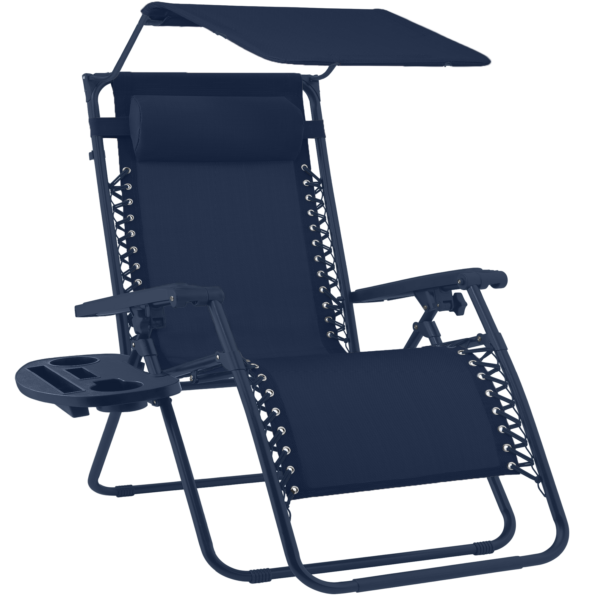 Folding Zero Gravity Chair, Patio Lounge Recliner w/ Canopy Shade, Headrest, Side Tray - Navy - Best Choice Products Online
