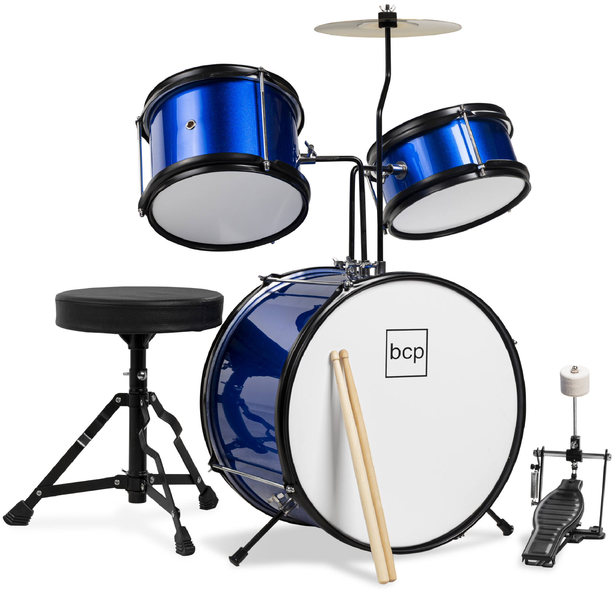 Best Choice Products Kids Beginner 3-Piece Drum, Musical Instrument Set w/ Sticks, Cushioned Stool, Drum Pedal - Blue
