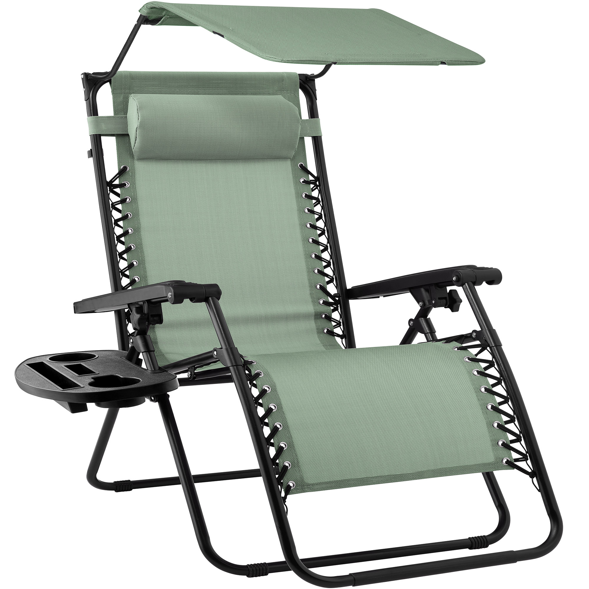 Folding Zero Gravity Chair, Patio Lounge Recliner w/ Canopy Shade, Headrest, Side Tray - Sage Green - Best Choice Products Online