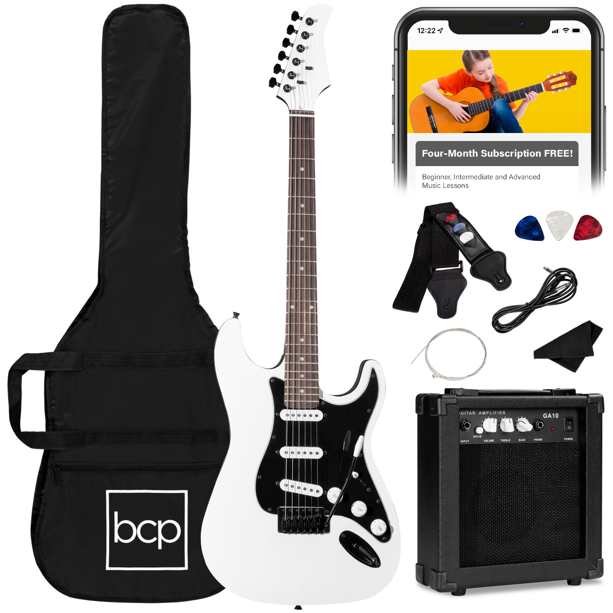 39in Full Size Beginner Electric Guitar Kit w/ Case, Strap, Amp, Whammy Bar - Glacier White - Best Choice Products Online