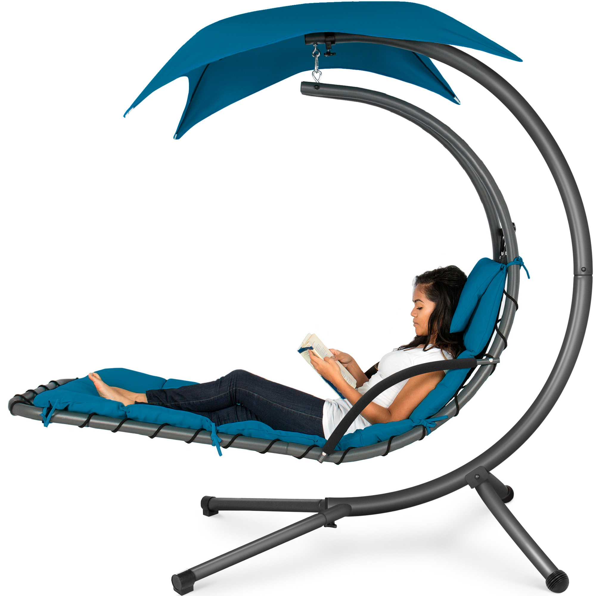 Hanging Curved Chaise Lounge Chair Swing For Backyard, Patio w/ Pillow, Canopy, Stand - Peacock Blue - Best Choice Products Online