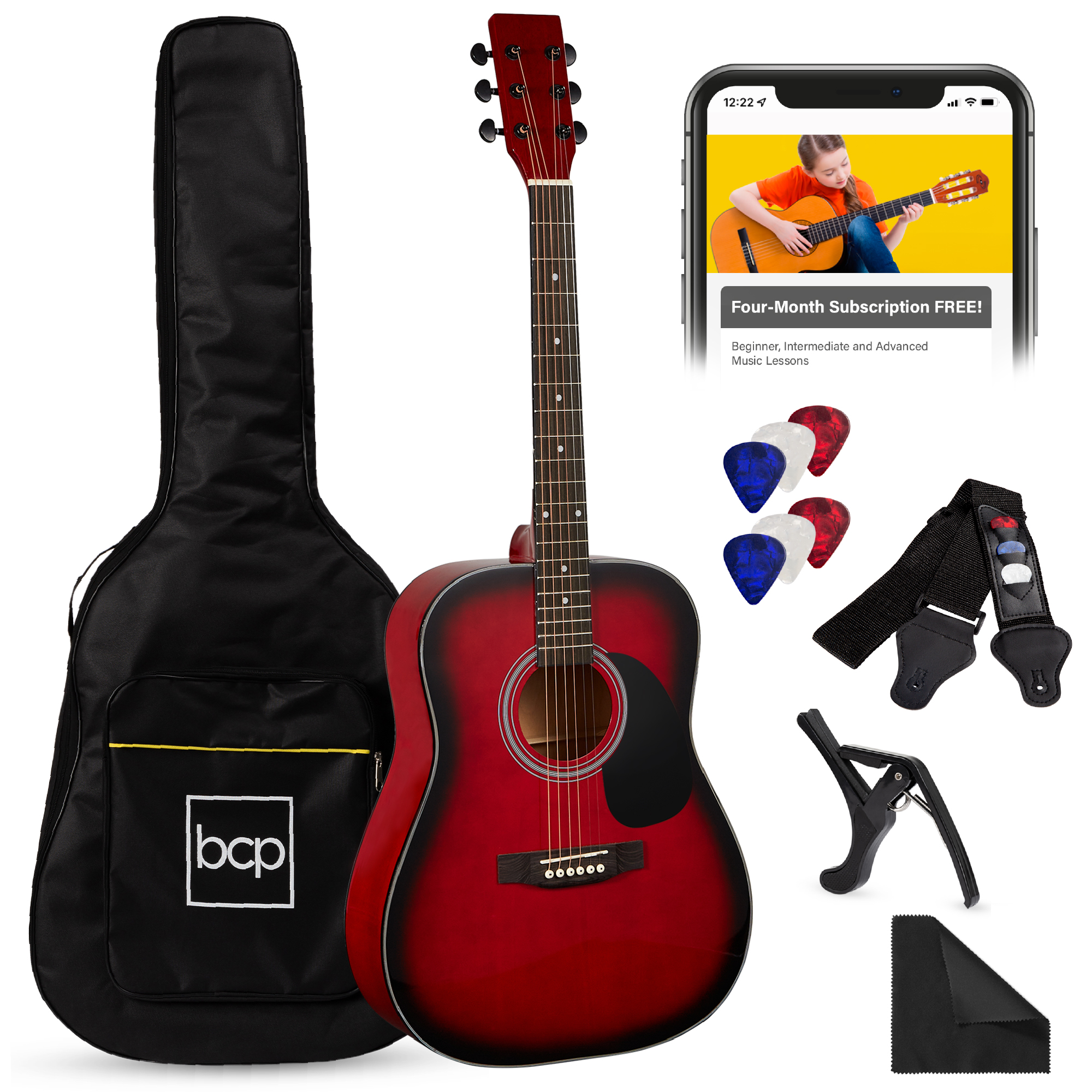 41in Full Size All-Wood Acoustic Guitar Starter Kit w/Gig Bag, E-Tuner, Pick, Strap, Rag - Red Burst - Best Choice Products Online