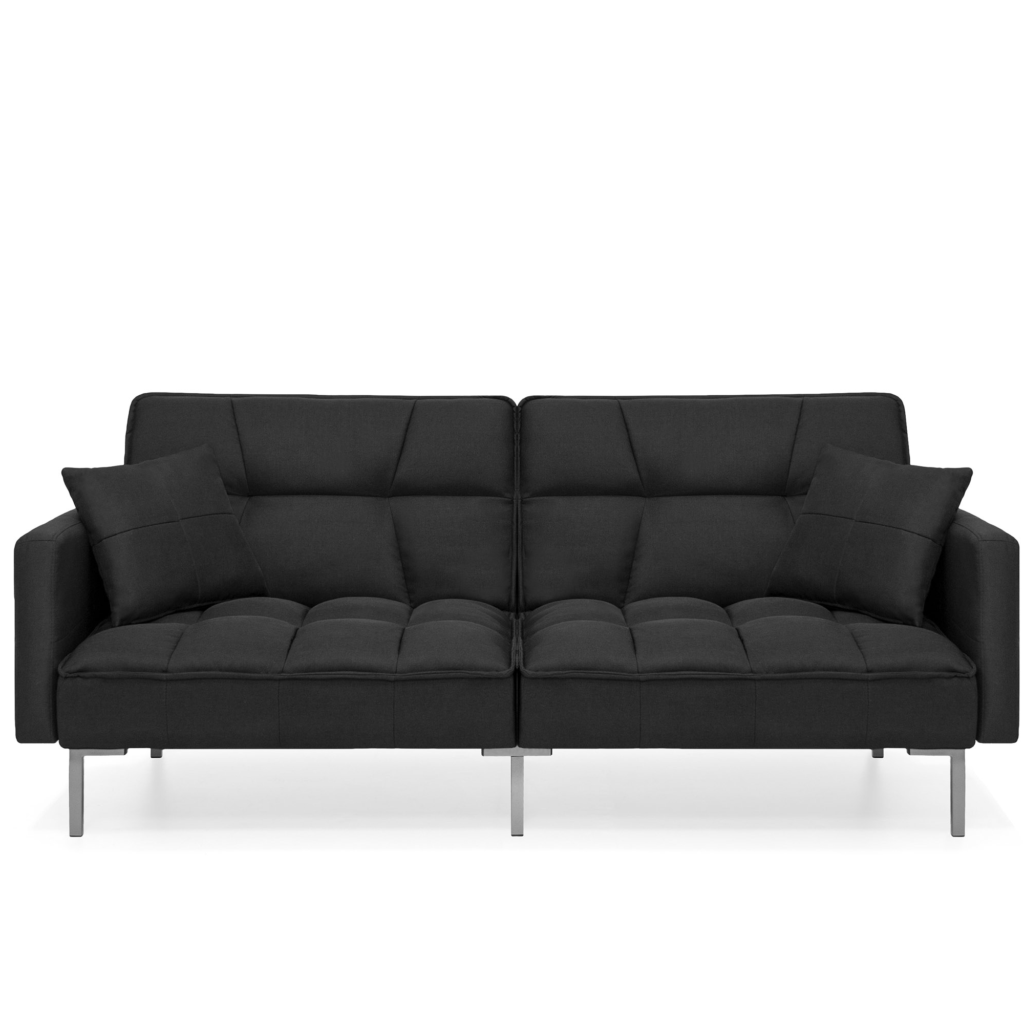 Convertible Futon Sofa, Linen Fabric, Tufted Split-Back Design w/ 2 Pillows - Black | Best Choice Products Online