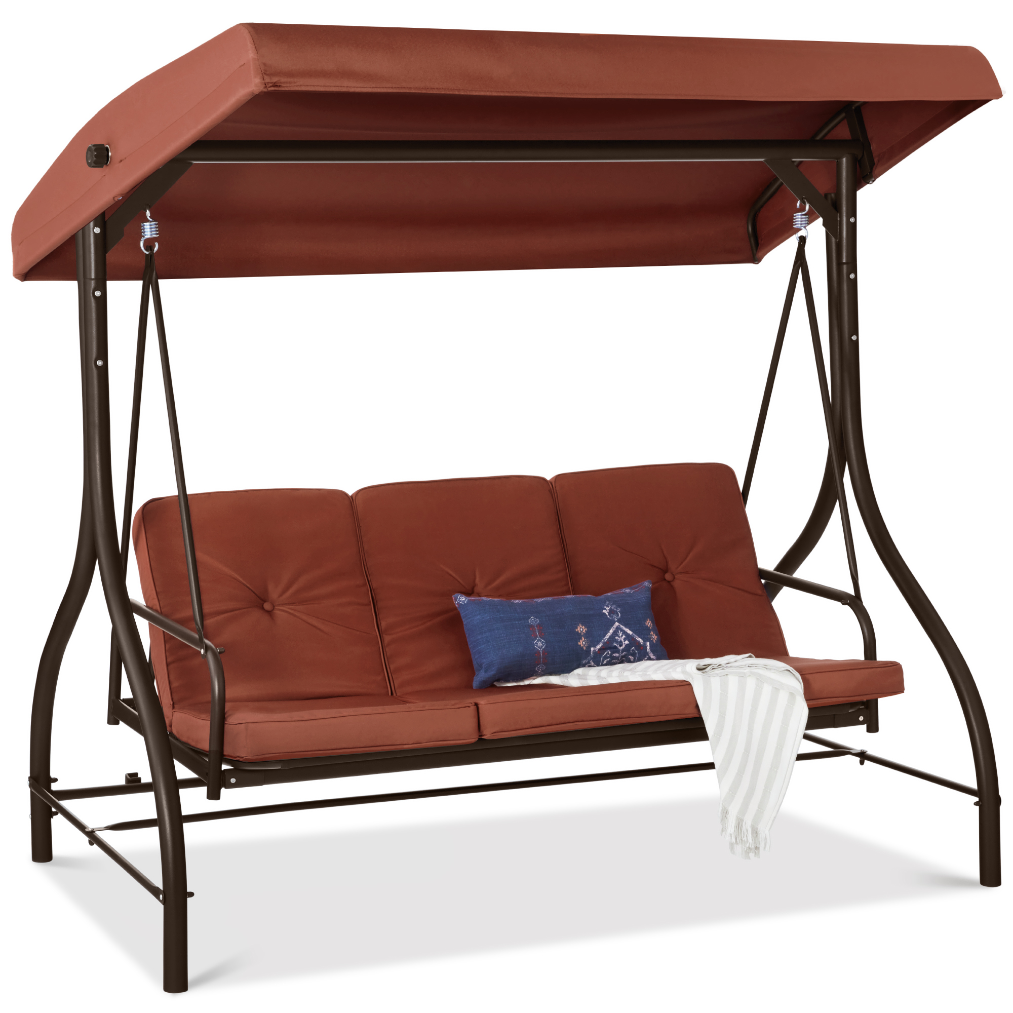 3-Seat Outdoor Canopy Swing Glider Patio Hammock w/ Converting Flatbed Backrest, Removable Cushions - Dark Rust - Best Choice Products Online