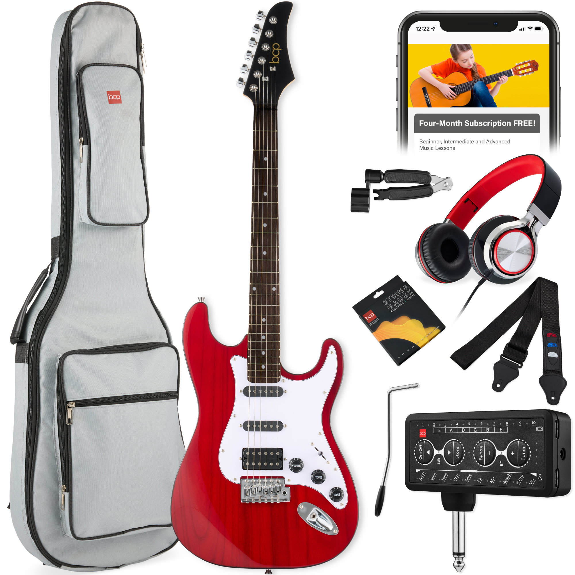 Beginner HSS Electric Guitar Kit w/ Headphone Amp, Gig-Bag, Headphones - Cherry Red/White - Best Choice Products Online