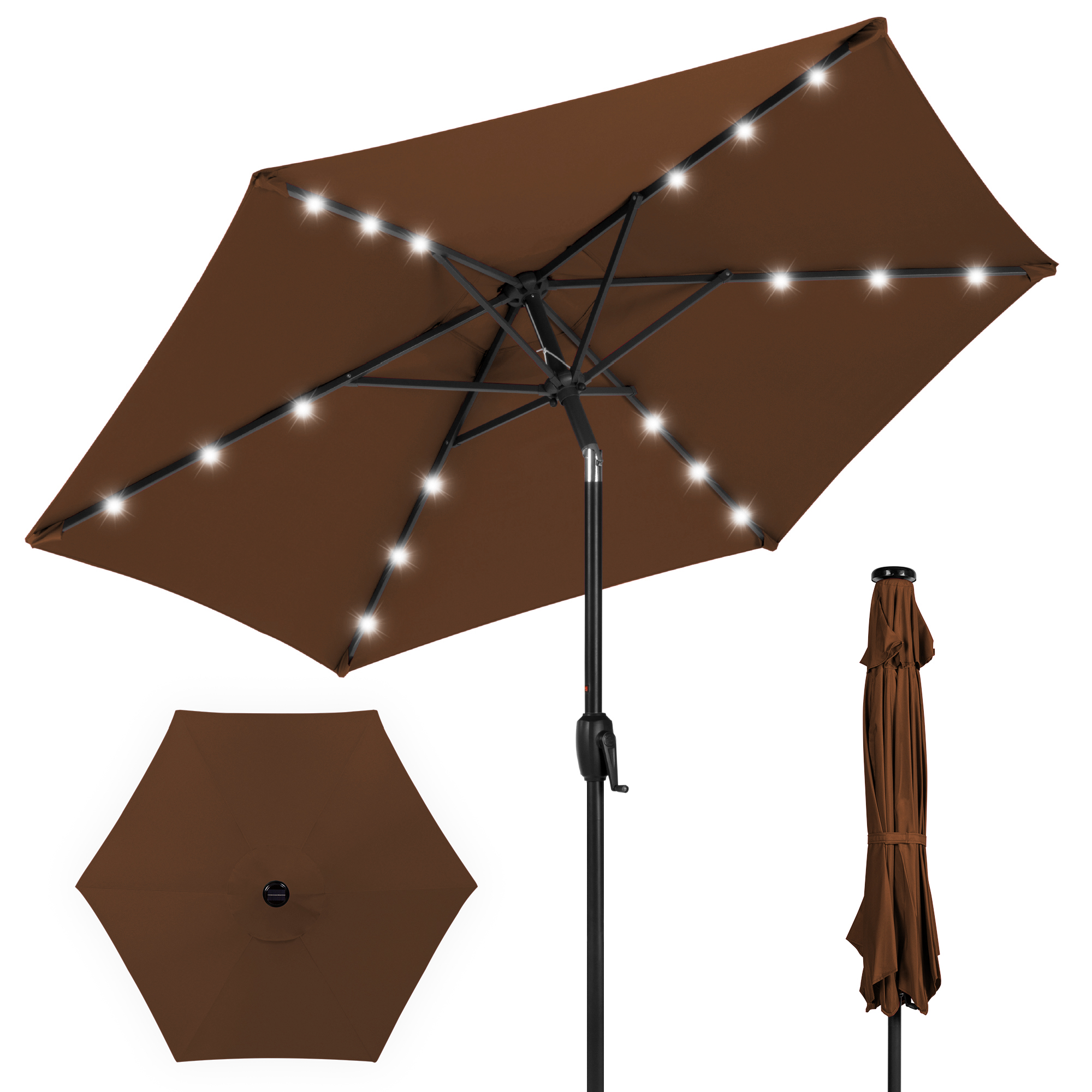 7.5ft Patio Umbrella w/ Solar LED Lights For Deck, Pool w/ Push Button Tilt & Easy Crank Lift - Brown - Best Choice Products Online