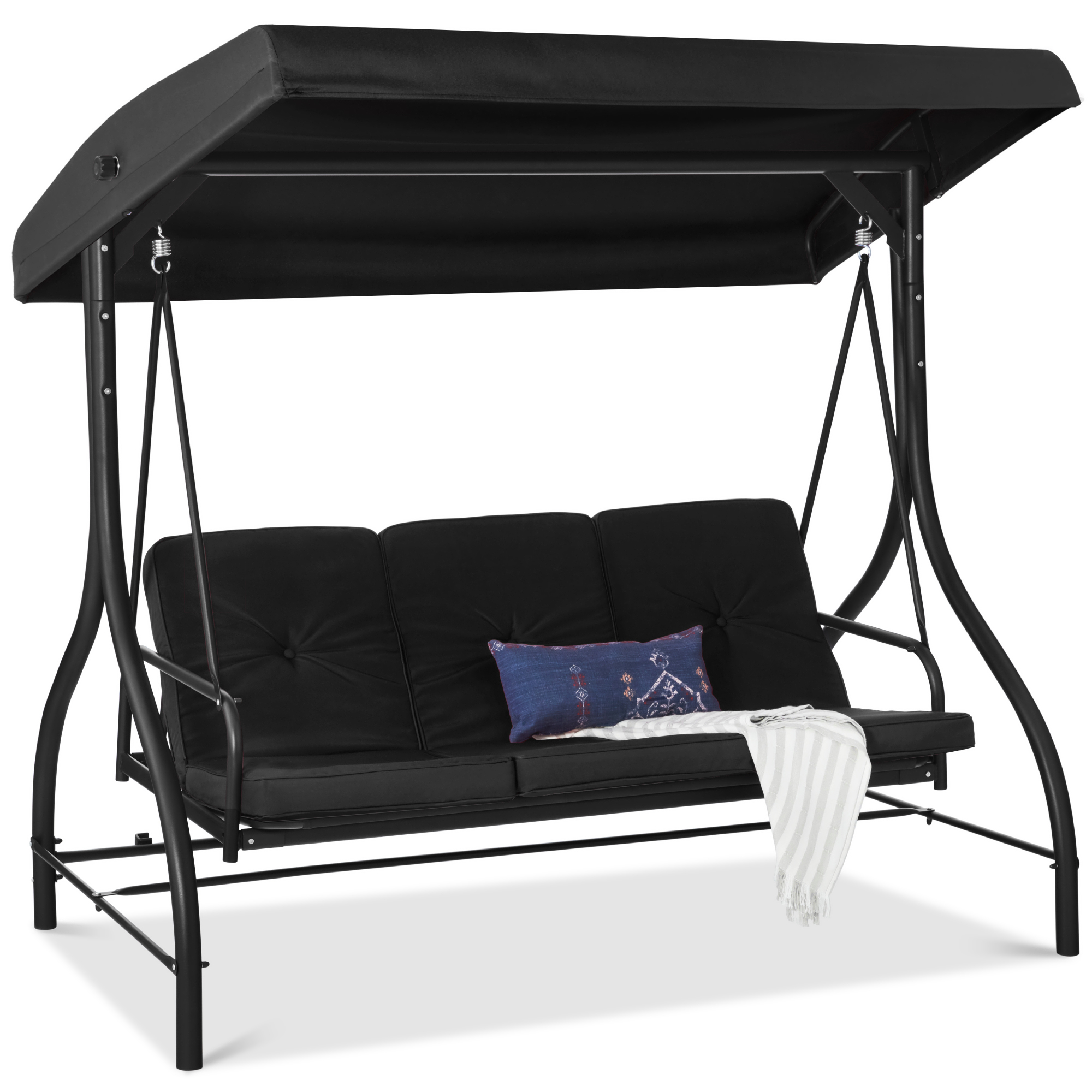 3-Seat Outdoor Canopy Swing Glider Patio Hammock w/ Converting Flatbed Backrest, Removable Cushions - Black - Best Choice Products Online