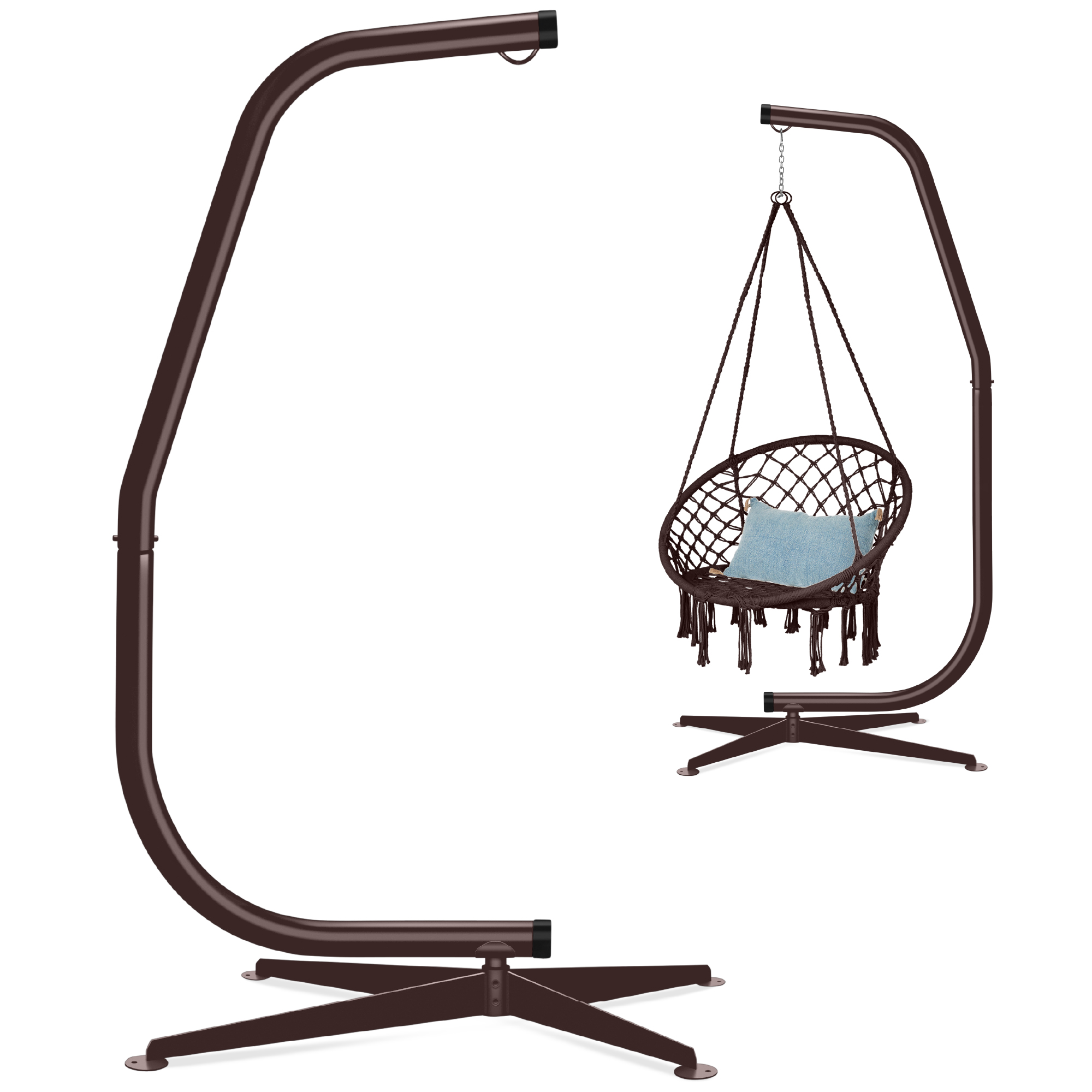Curved Hanging Hammock C-Stand w/ All-Weather Resistant Finish, Steel Frame, Offset Base - Stand Only - Brown - Best Choice Products Online