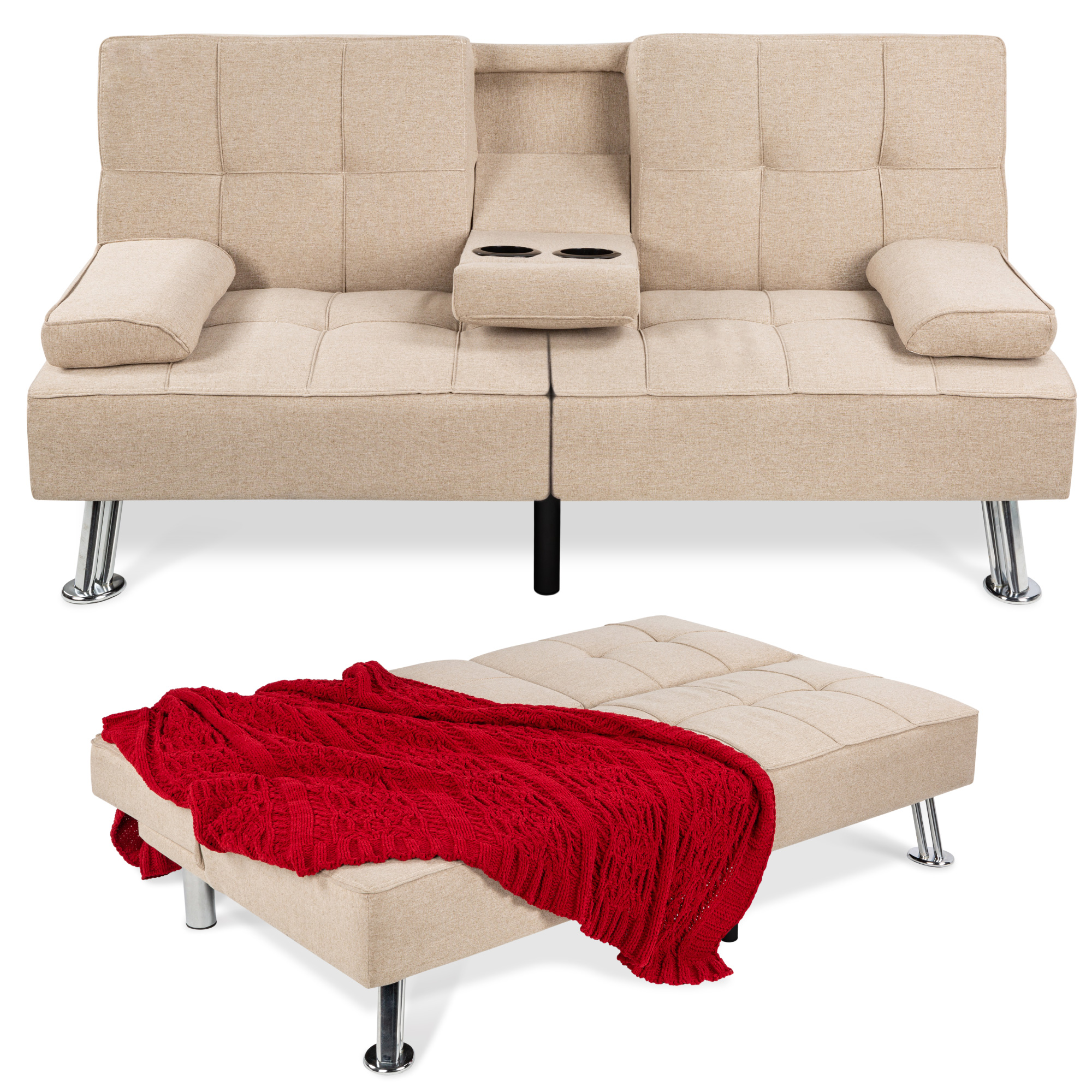 Linen Upholstered Convertible Sofa Bed Futon, Modern Design w/ Removable Armrests, Metal Legs, 2 Cupholders - Beige - Best Choice Products Online