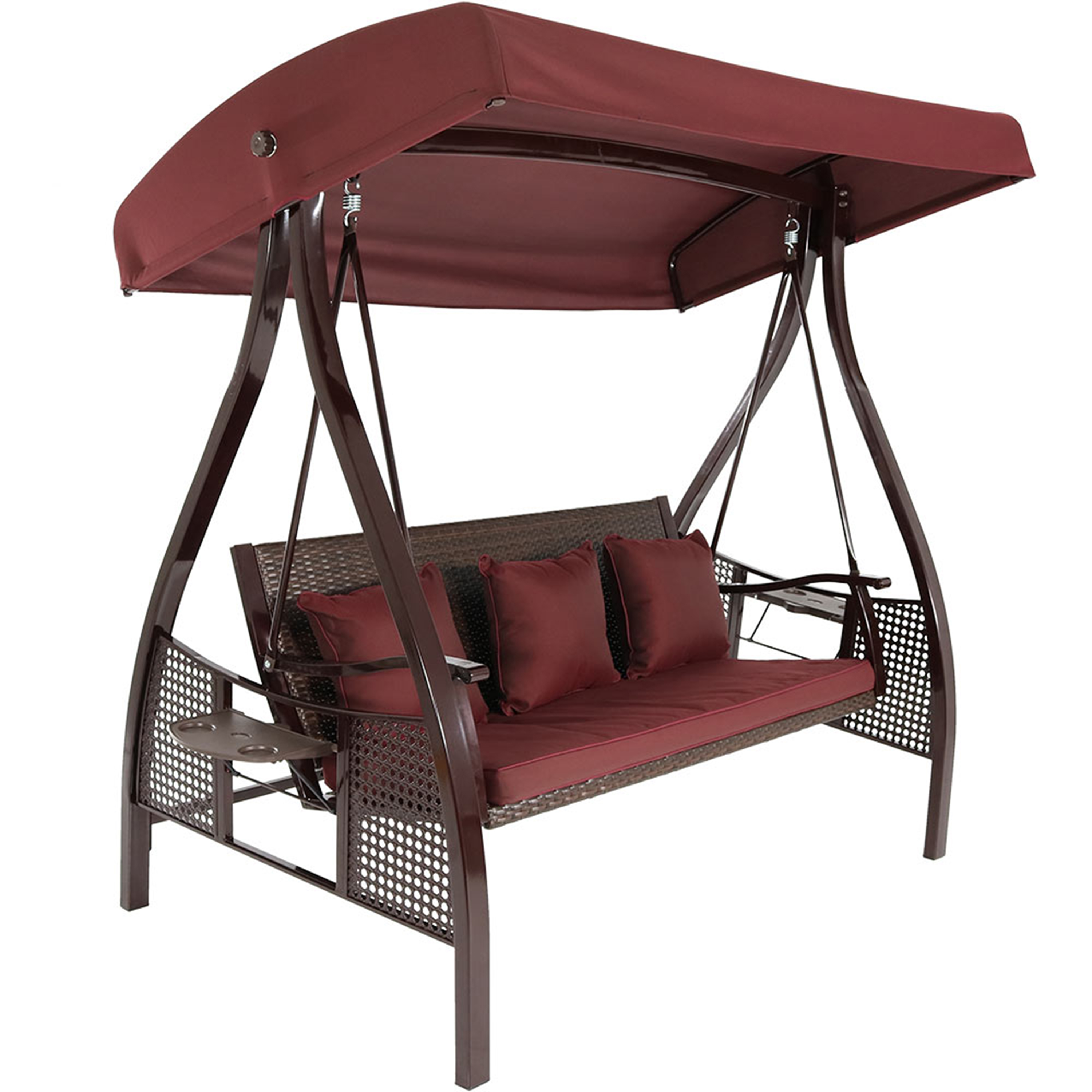 Sunnydaze Deluxe Steel Frame Cushioned Garden Swing with Canopy and Side Tables, 3-Person, for Patio or Yard, Maroon/Brown Frame