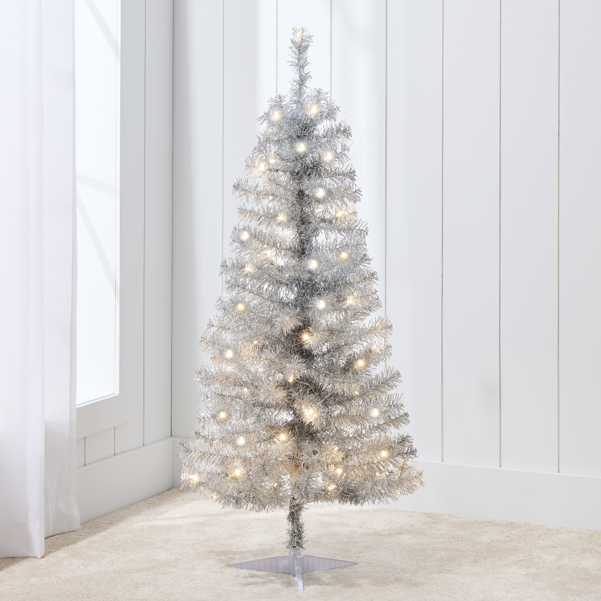 4ft Pre-Lit Silver Tinsel Christmas Tree, Artificial Tree Holiday Decor w/ LED Lights - Best Choice Products Online