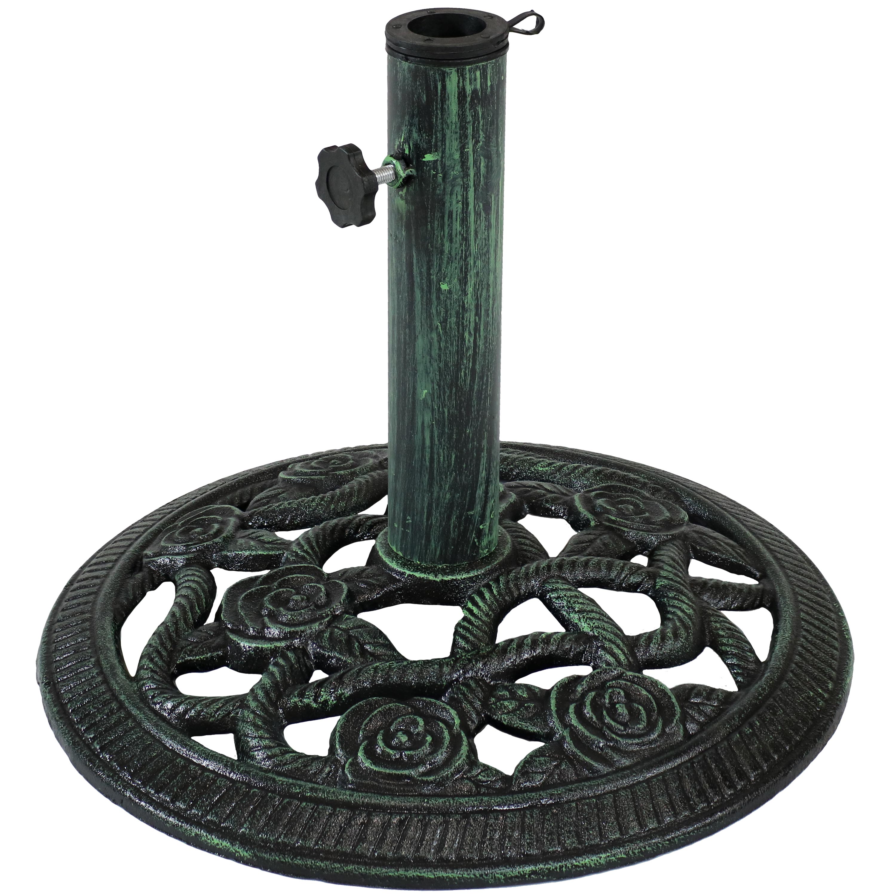 Sunnydaze Cast Iron Patio Umbrella Base with Rose Blossom Design, 16-Inch Diameter, Green