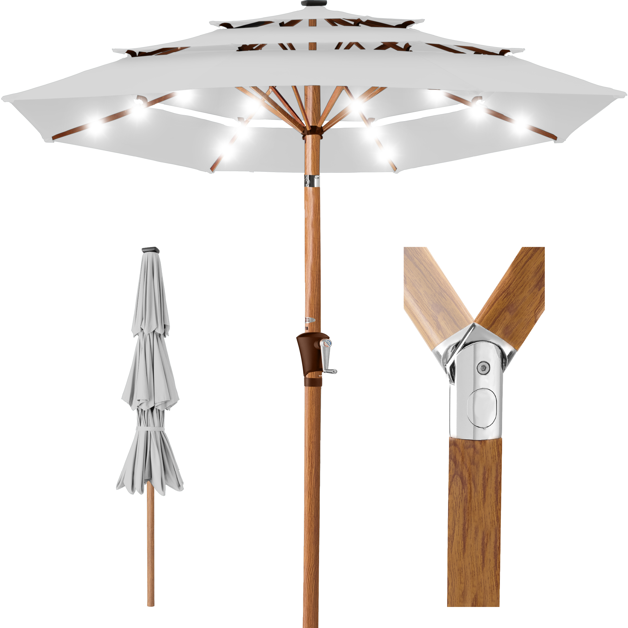 10ft Woodgrain Pattern 3-Tier Solar Patio Umbrella w/ 24 LED Lights, Tilt - Fog Gray - Best Choice Products Online