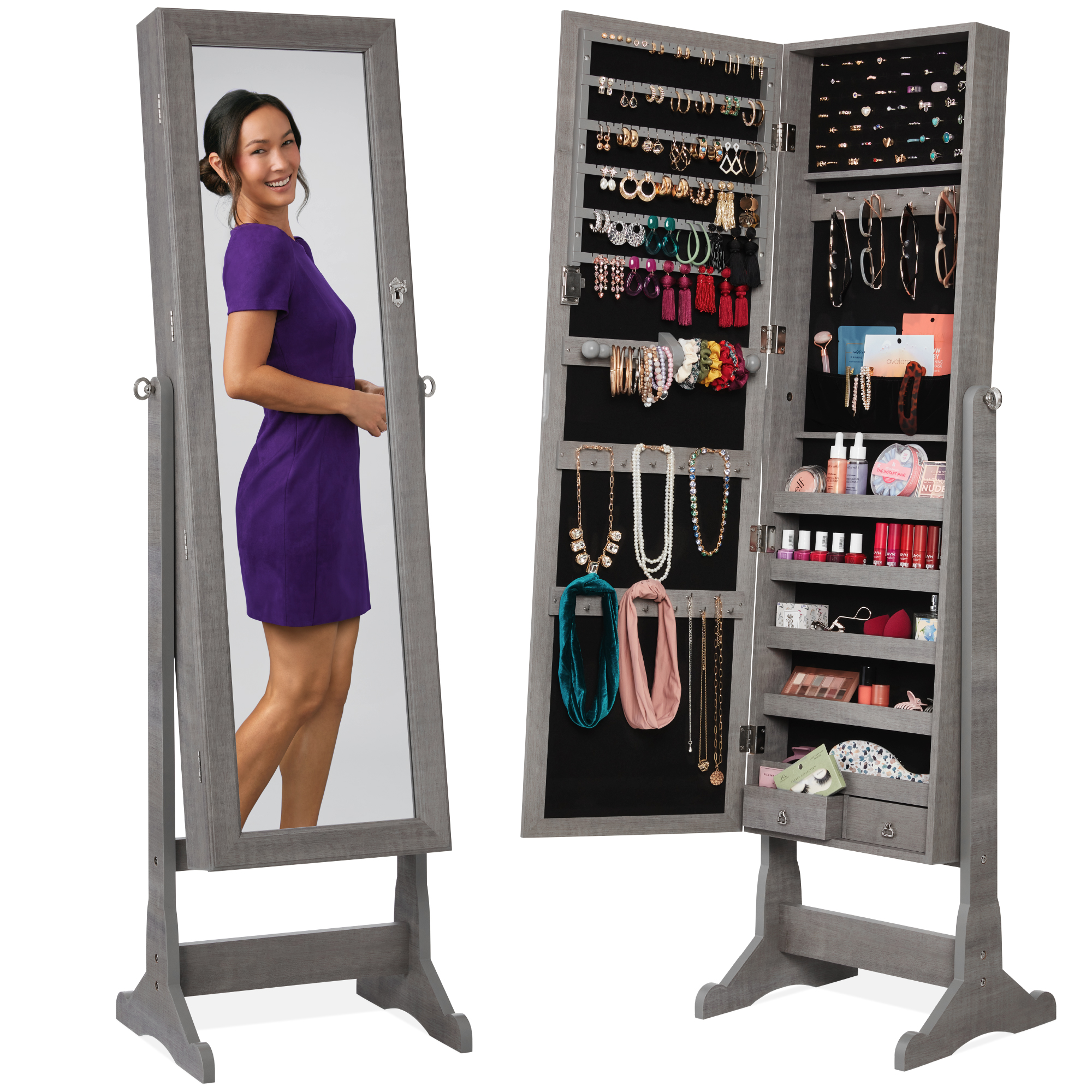 Standing Mirrored Jewelry Armoire Organizer, Lockable Full Length Storage Cabinet w/ Velvet Interior - Gray Oak - Best Choice Products Online
