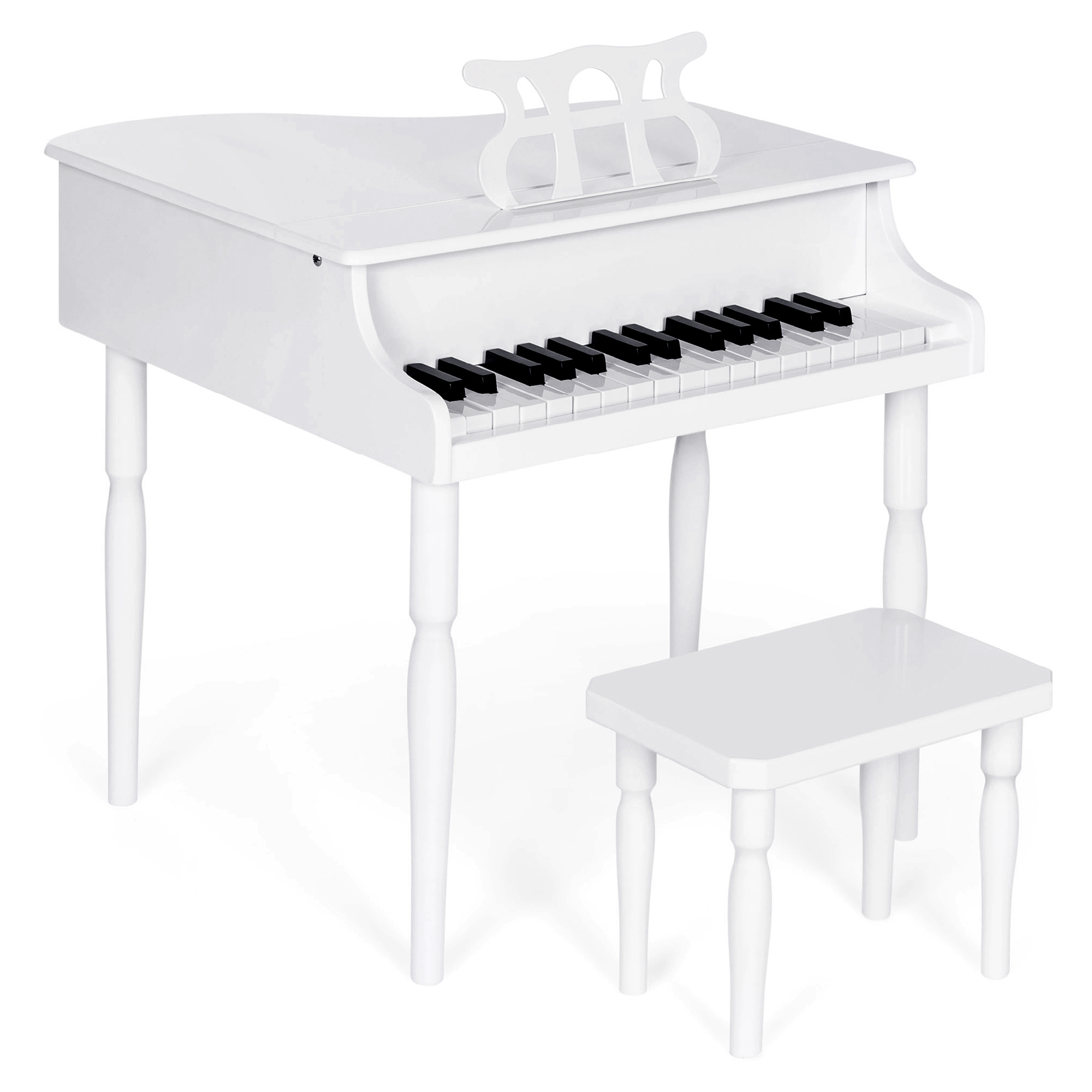 Kids Wooden 30-Key Mini Grand Piano w/ Lid, Bench, Foldable Music Rack, Song Book, Stickers - White