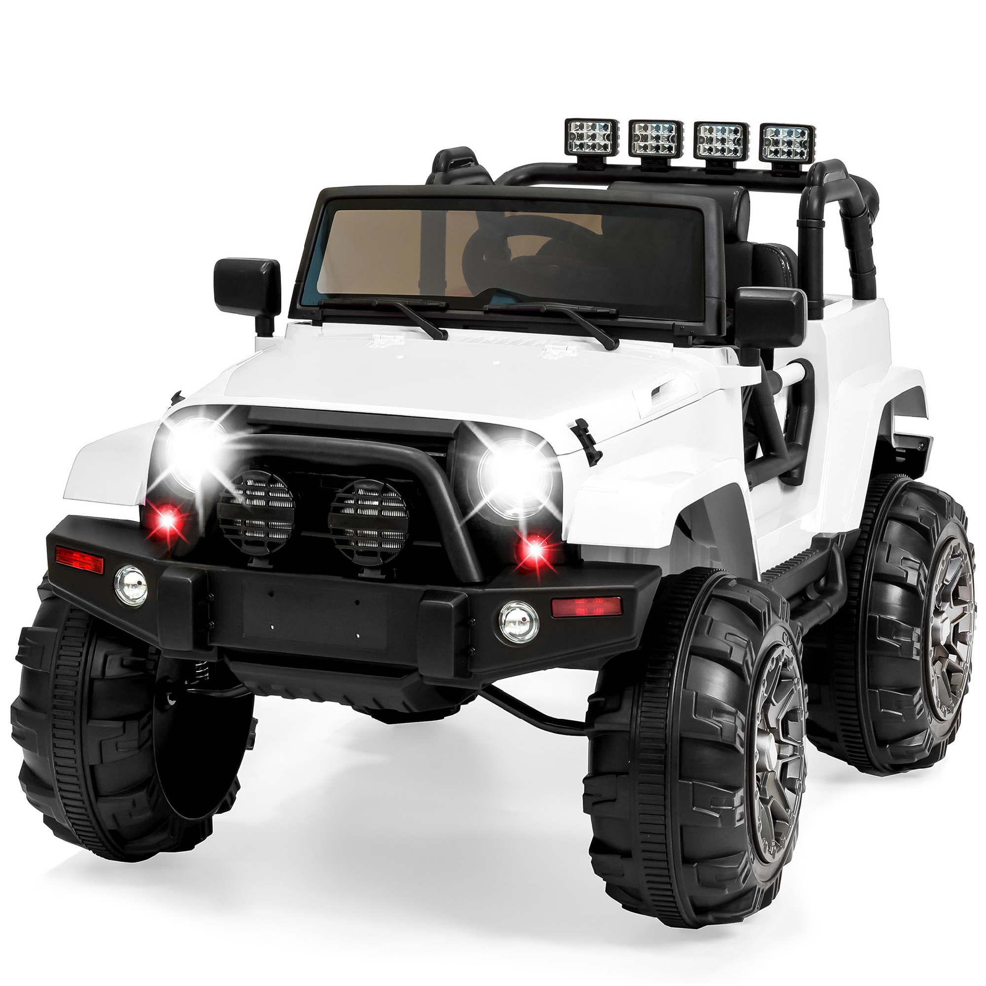 Large Ride On Truck 12V Electric Driving Car Toy For Kids w/ Parental Remote Control, Bluetooth, LED Lights - White - Best Choice Products
