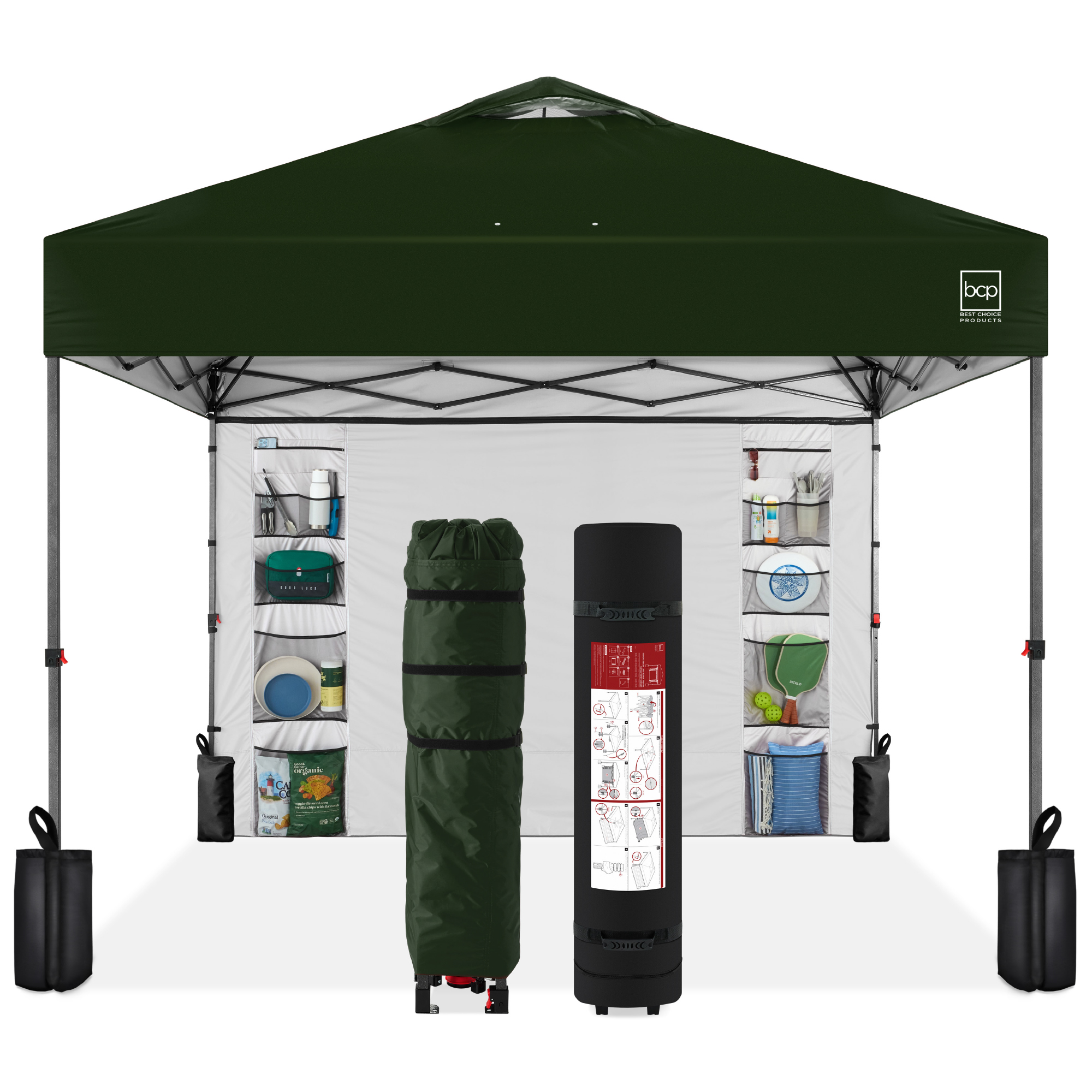 10x10ft Easy Setup Pop Up Canopy, Portable Tent w/ Side Wall, 1-Button Push, Case - Dark Green - Best Choice Products Online