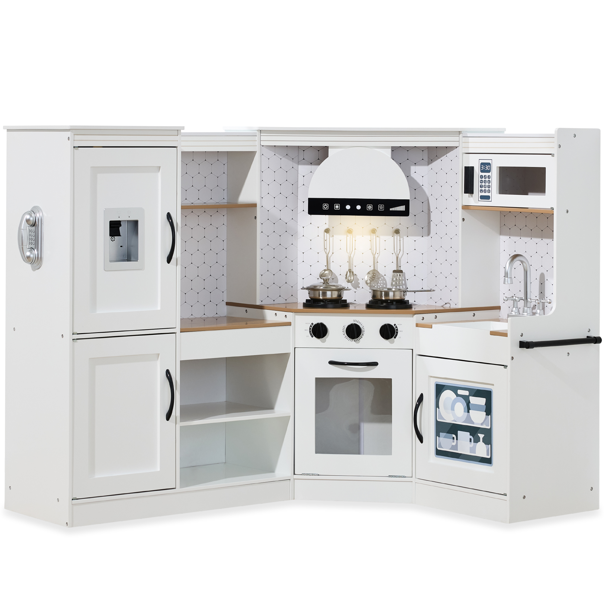 Pretend Play Corner Kitchen, Ultimate Wooden Toy Set For Kids w/ 6 Accessories - Farmhouse White - Best Choice Products Online