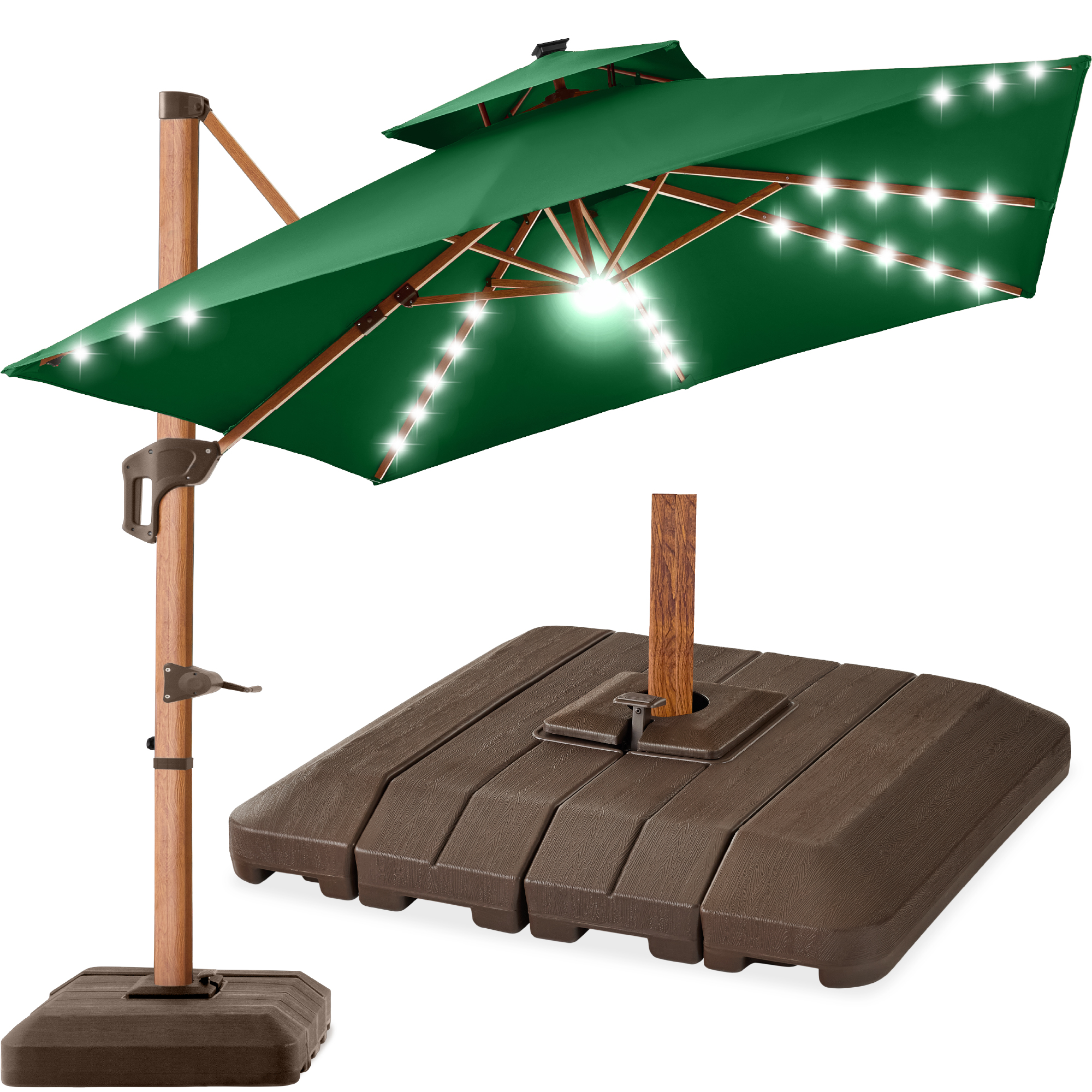 10ft Square Woodgrain Pattern 2-Tier Outdoor Solar LED Cantilever Umbrella w/ Base - Green - Best Choice Products Online