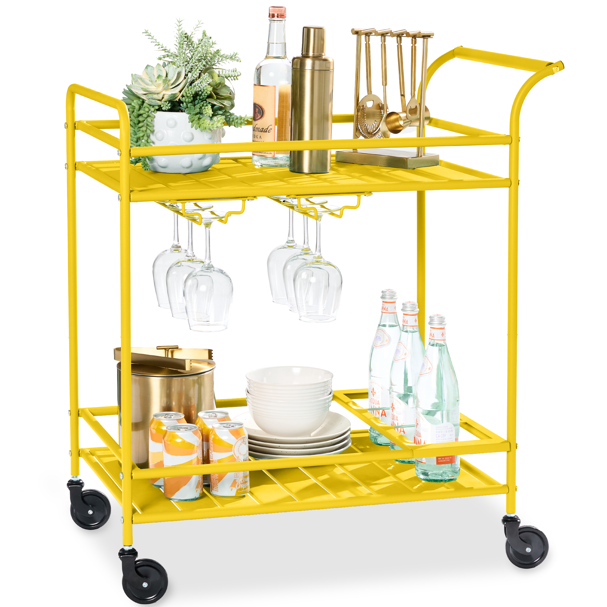 2-Tier Rolling Bar Cart Indoor/Outdoor w/ Storage Shelves, Wine Rack, Lockable Wheels - Yellow - Best Choice Products Online