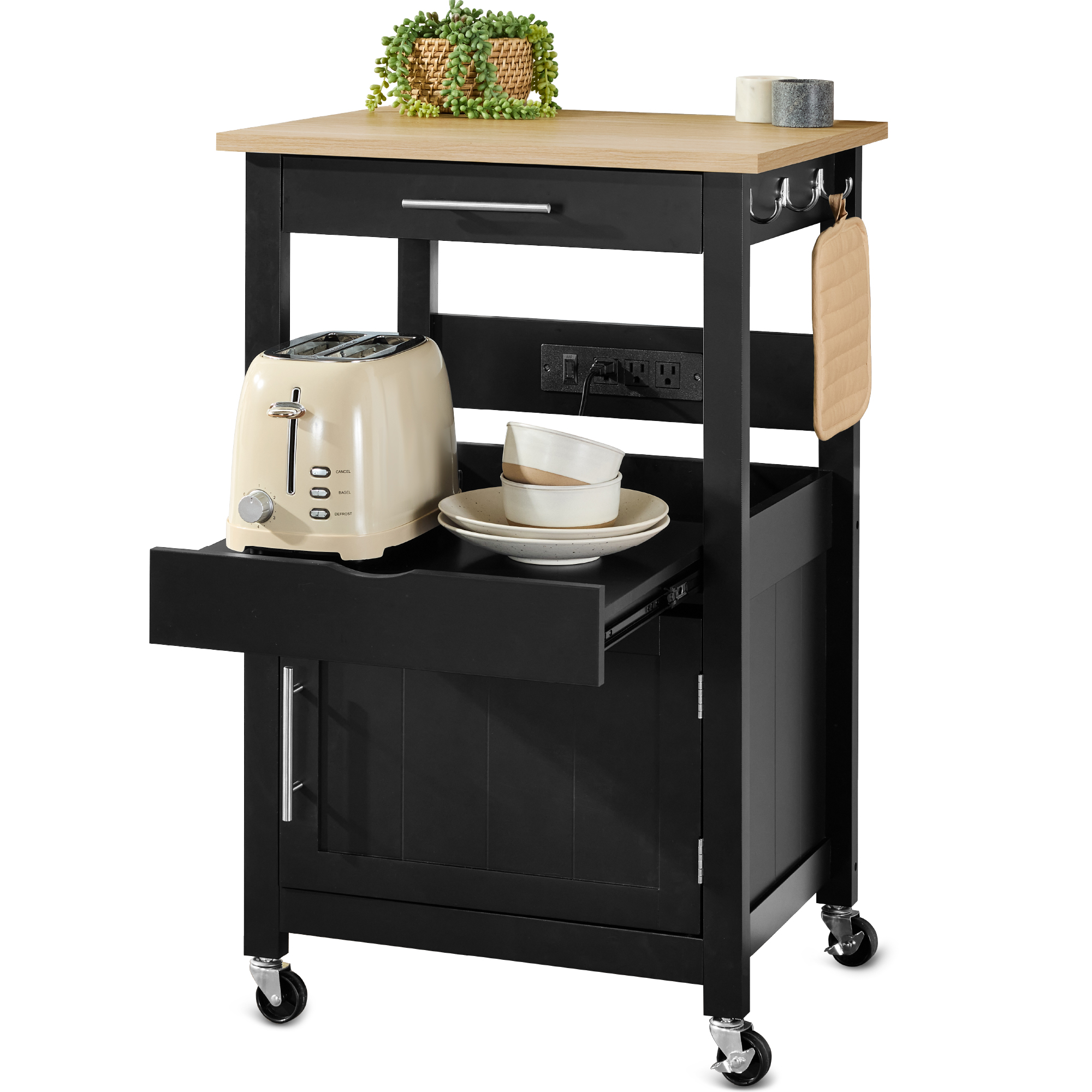 Rolling Kitchen Island Cart, Single Door Cabinet w/ Drawer, Sliding Tray, Outlet - Onyx Black - Best Choice Products Online