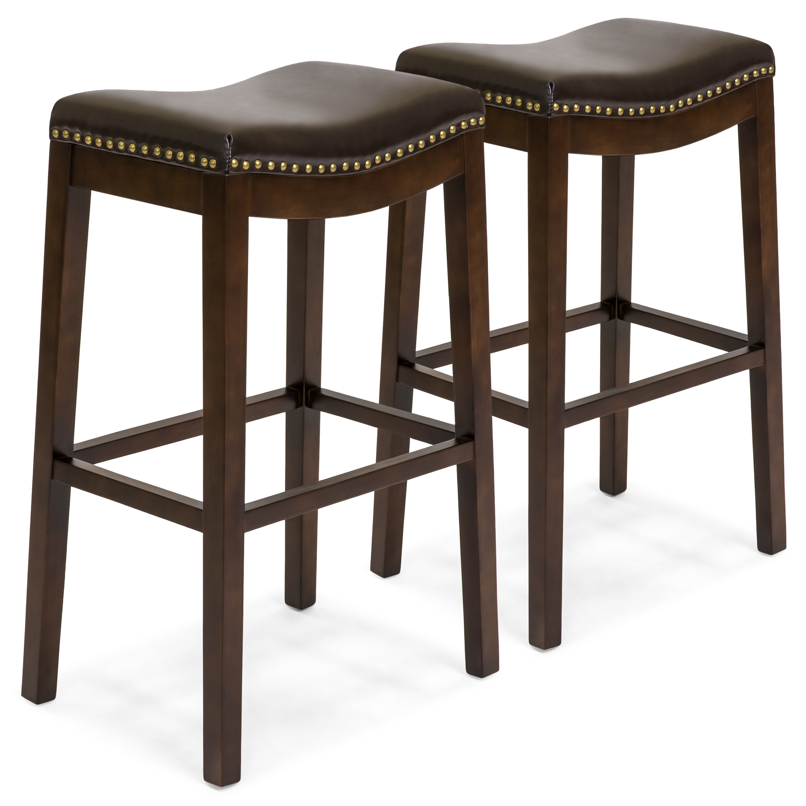 Best Choice Products Set of 2 31in Backless Faux Leather Upholstered Counter Stools w/Brass Nailhead Trim - Brown