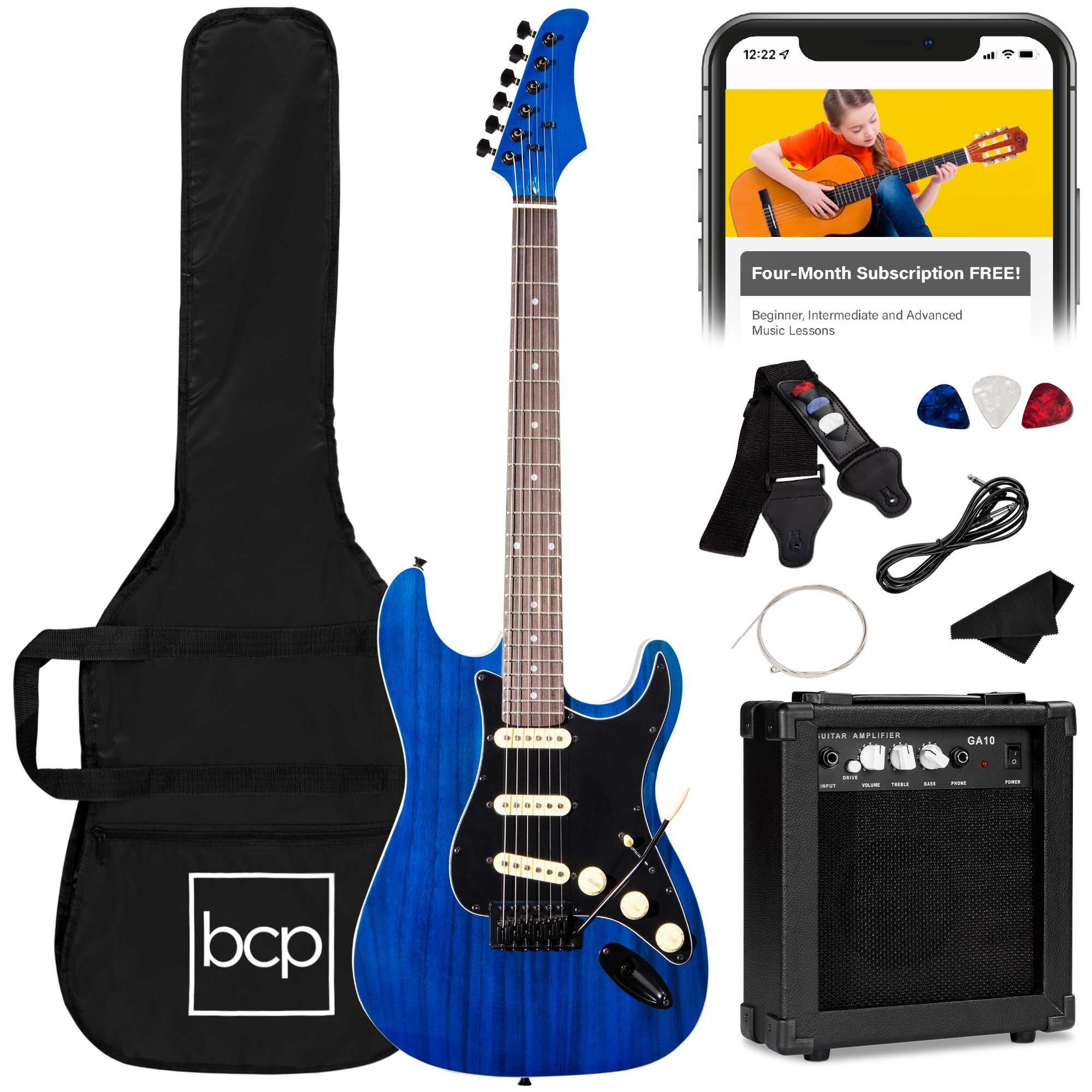 39in Full Size Beginner Electric Guitar Kit w/ Case, Strap, Amp, Whammy Bar - Midnight Blue - Best Choice Products Online