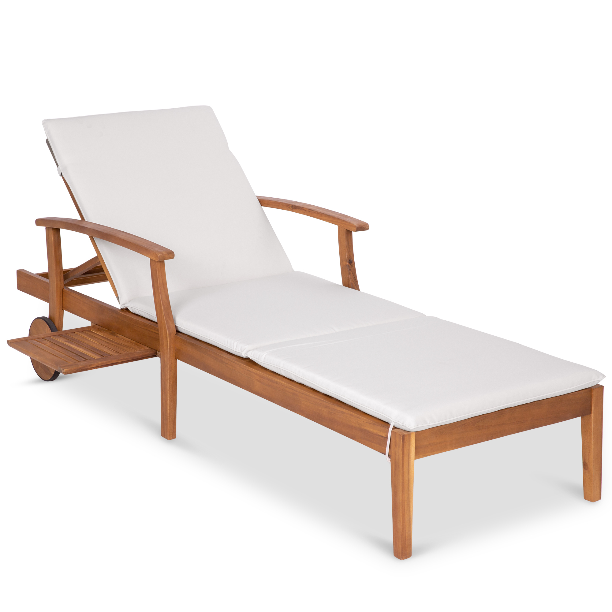 Acacia Wood Patio Chaise Lounge Chair w/ Adjustable Backrest, Table, Wheels - 79x26in - Cream - Best Choice Products Online