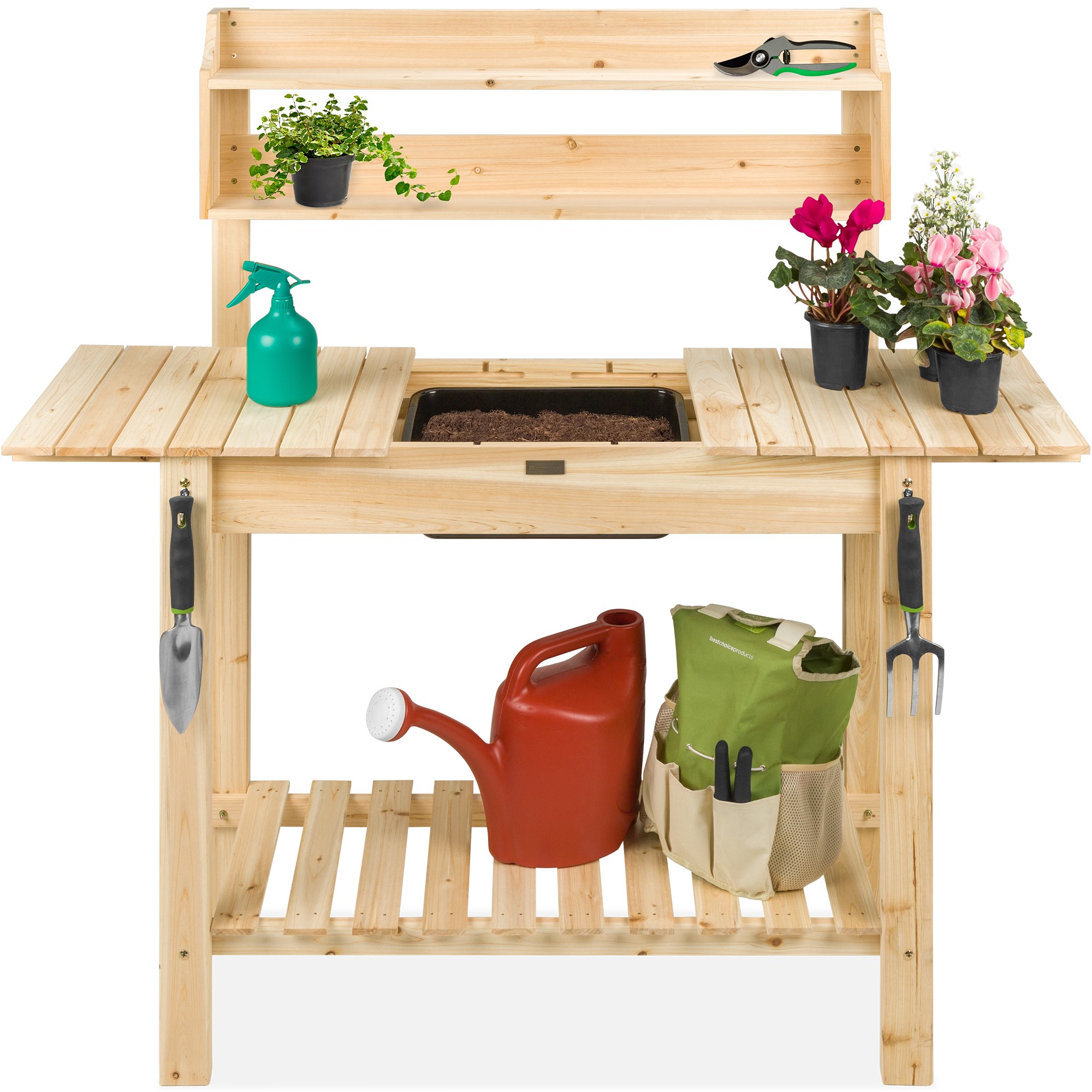 Garden Potting Bench Workstation Table w/ Sliding Tabletop, Food Grade Dry Sink - Natural Wood - Best Choice Products Online