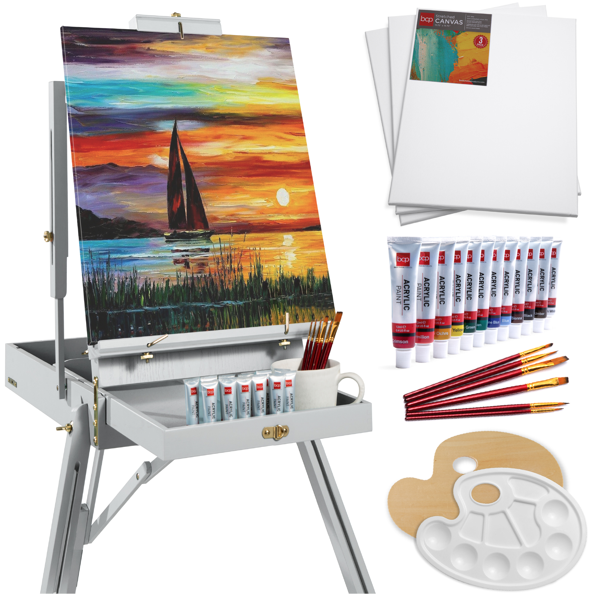 French Easel, 32pc Beginners Kit Portable Wooden Adjustable Tripod w/ Paint Supplies - Gray - Best Choice Products Online