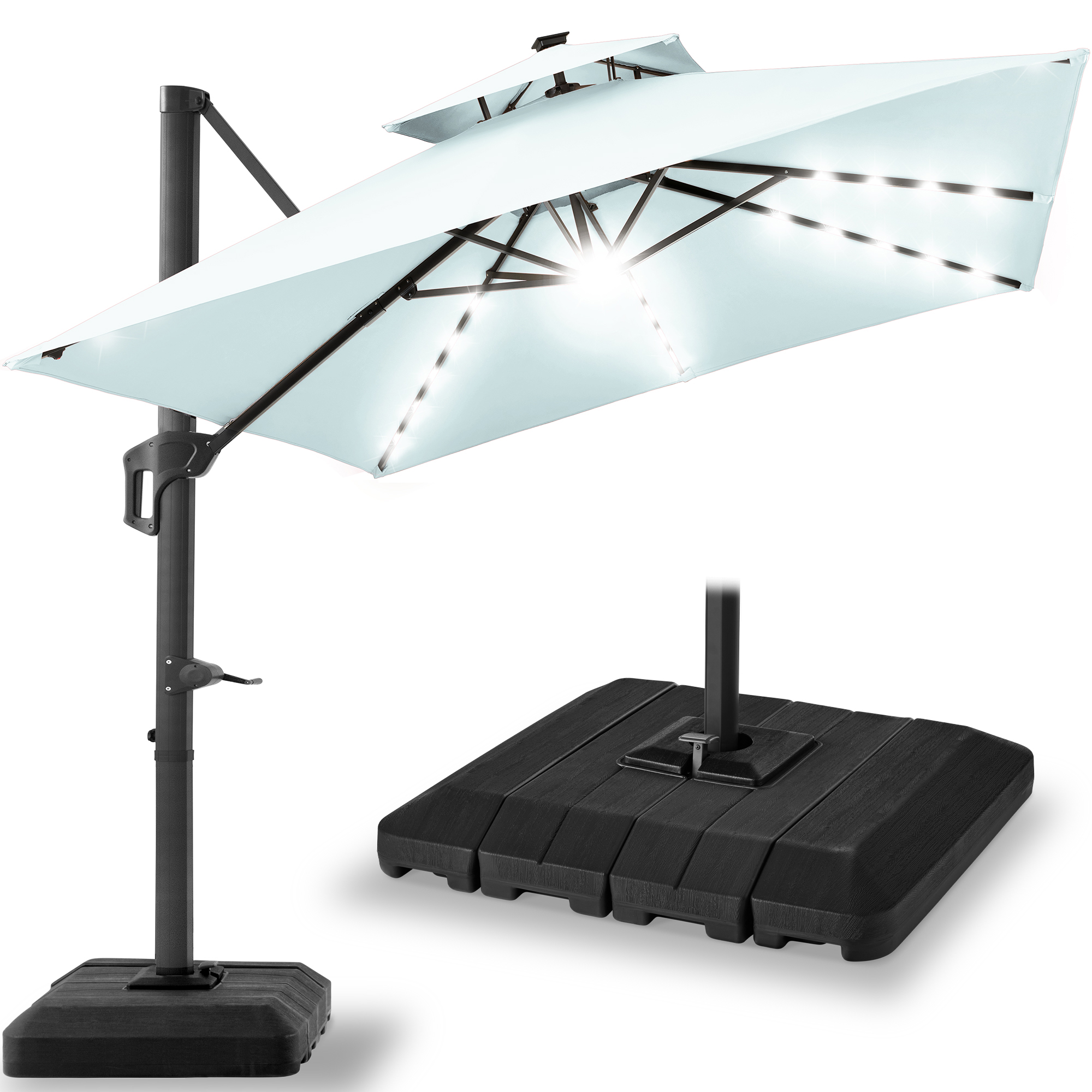10ft 2-Tier Square Outdoor Solar LED Cantilever Patio Umbrella w/ Base Included - Baby Blue - Best Choice Products Online