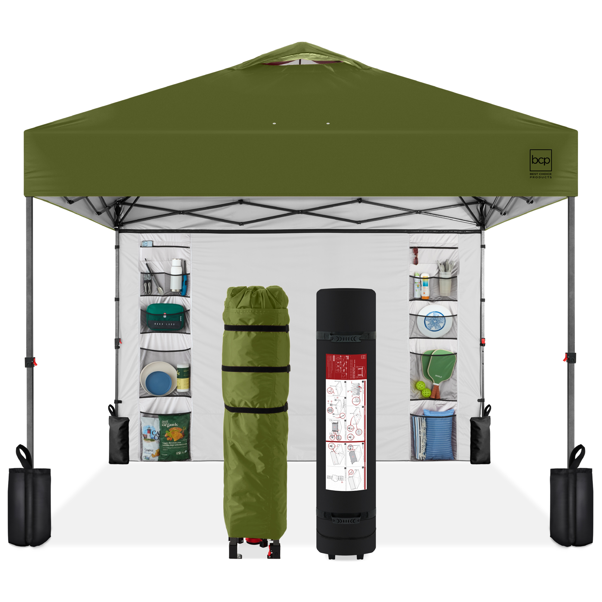 10x10ft Easy Setup Pop Up Canopy, Portable Tent w/ Side Wall, 1-Button Push, Case - Olive Green - Best Choice Products Online