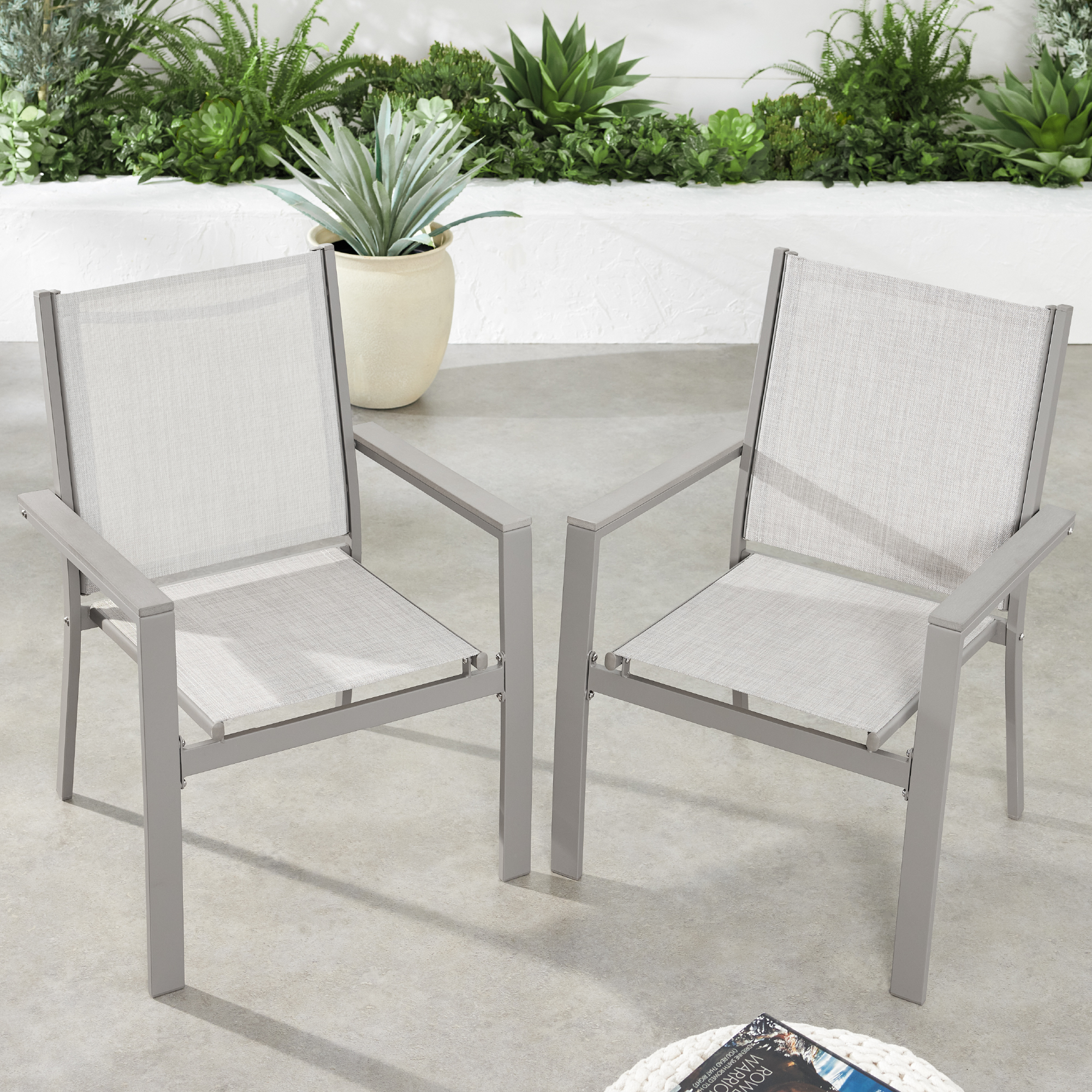 Set of 2 Stackable Textilene Chairs w/ Armrests, Dining Accent Furniture - Gray/Gray - Best Choice Products Online