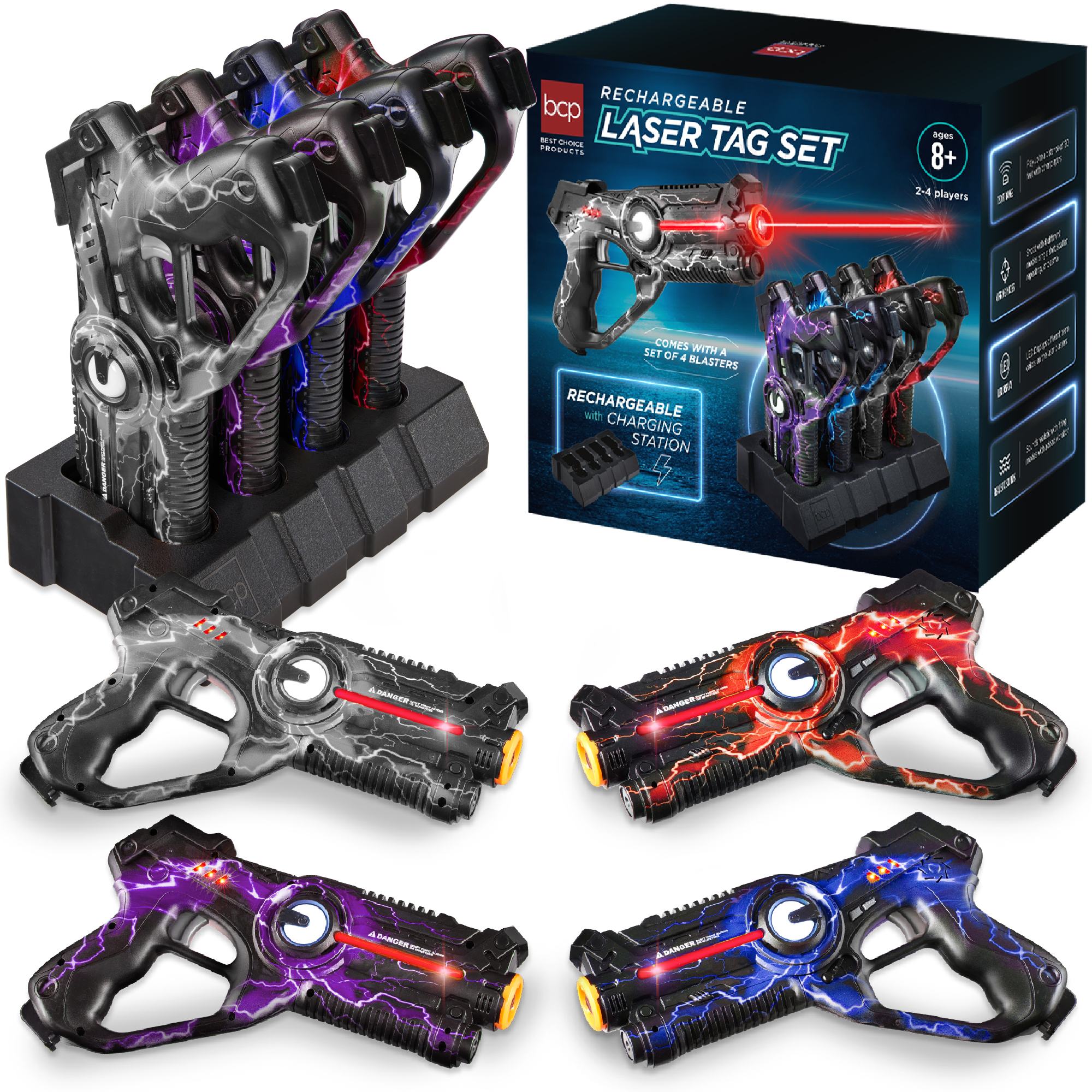 Set of 4 Rechargeable Laser Tag Blasters, No Vests Needed w/ Docking Station, 4 Settings - Best Choice Products Online