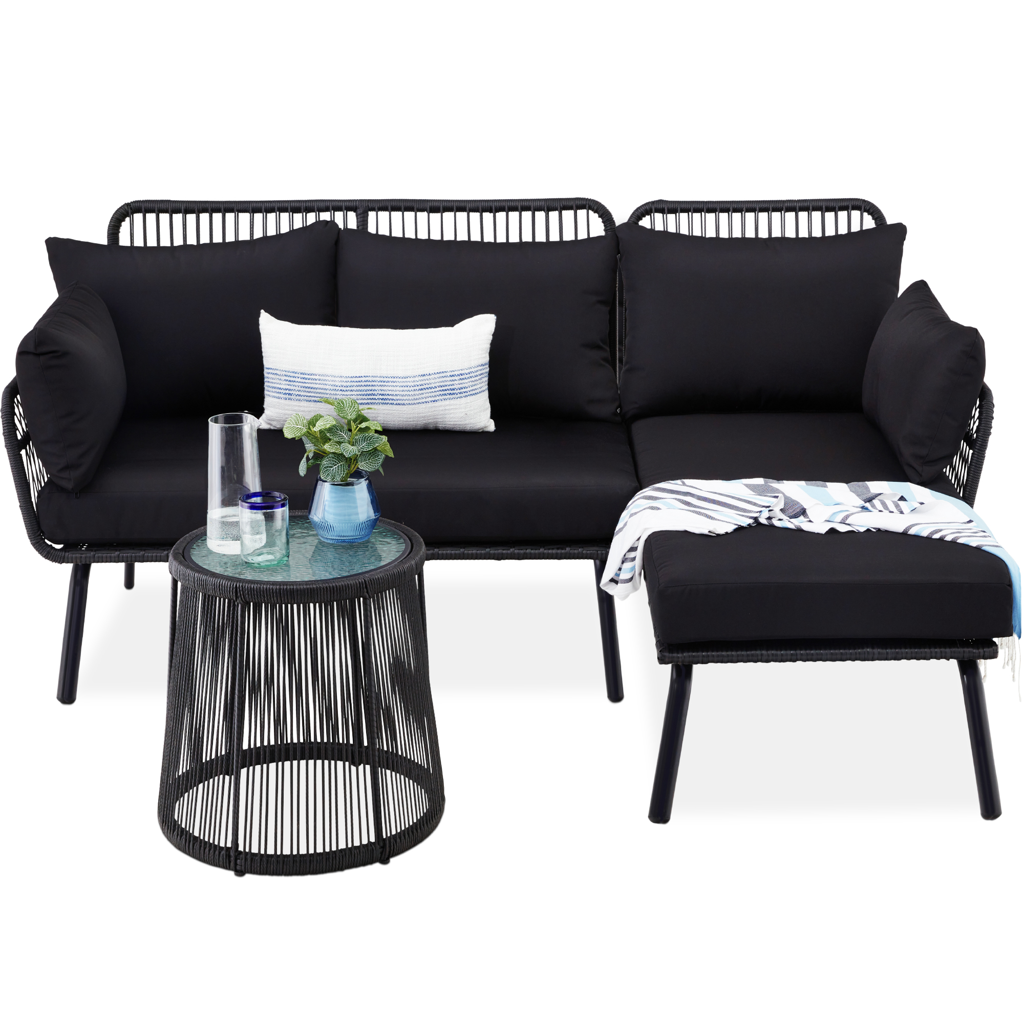 Rope Woven Outdoor Sectional, L-Shape Sofa Conversational Set w/ Detachable Lounger, Table - Black | Best Choice Products Online