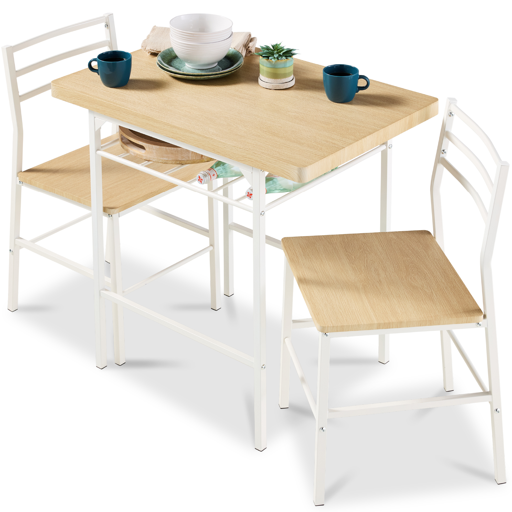 3-Piece Modern Dining Set, Square Table & Chairs Set w/ Steel Frame, Built-In Storage Rack - Natural/White - Best Choice Products Online